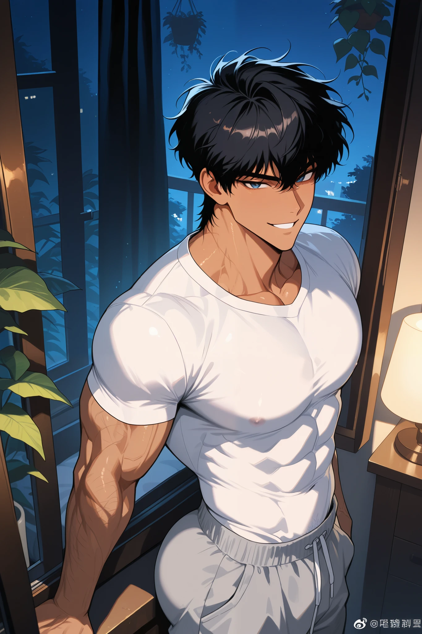 A male rides a 2 year old on his shoulder, The morning sun shining through the window, White Curtains, Short black hair, smile, High detail, Anime Style, Ray Tracing, Cinema Lighting, Chiaroscuro, Symmetric, First Person View, male (1.4), girl (1), smile (1.3), Short black hair (1.2), Highest quality, 8K.