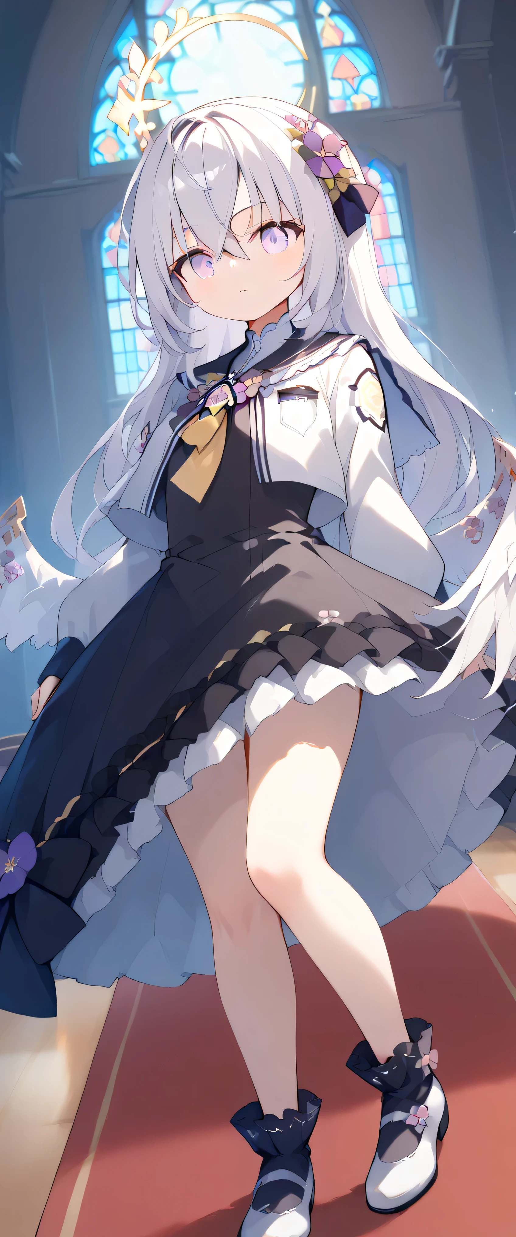 azusa \(blue archive\),purple eyes,white hair,long hair,wings,hair flower,halo,white capelet,black sailor collar,black frilled dress,white footwear solo, 髪の中から眉が見える, 目の間の髪, looking far away, masterpiece, 最高品質, very aesthetic, thick thighs, ((屋内)) 天井 chandelier red carpet 大理石の柱 (教会) ((ステンドグラス:1.3)) wide shot ground level shot, cathedral, ceiling, church chapel from front