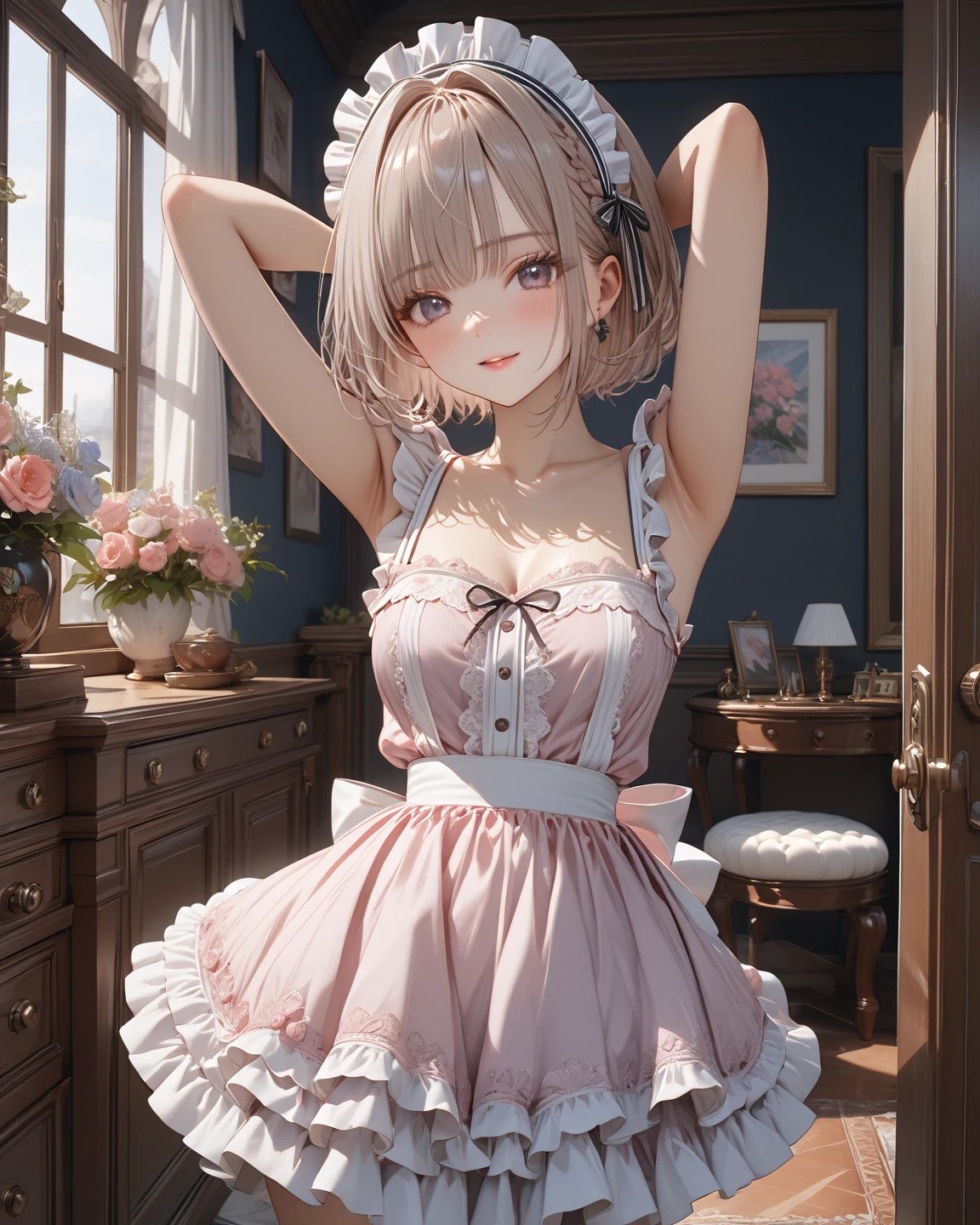 ((sfw: 1.4)), ((sfw, extra short hair, sidelocks-hair, 1Girl)), Ultra High Resolution, (Realistic: 1.4), RAW Photo, Best Quality, (Photorealistic Stick), Focus, Soft Light, ((15 years old)), ((Japanese)), (( (young face))), (surface), (depth of field), masterpiece, (realistic), wearing highly detailed (( maid clothes with frills and ribbon)), bangs, ((1 girl)),(half body image:1.5)