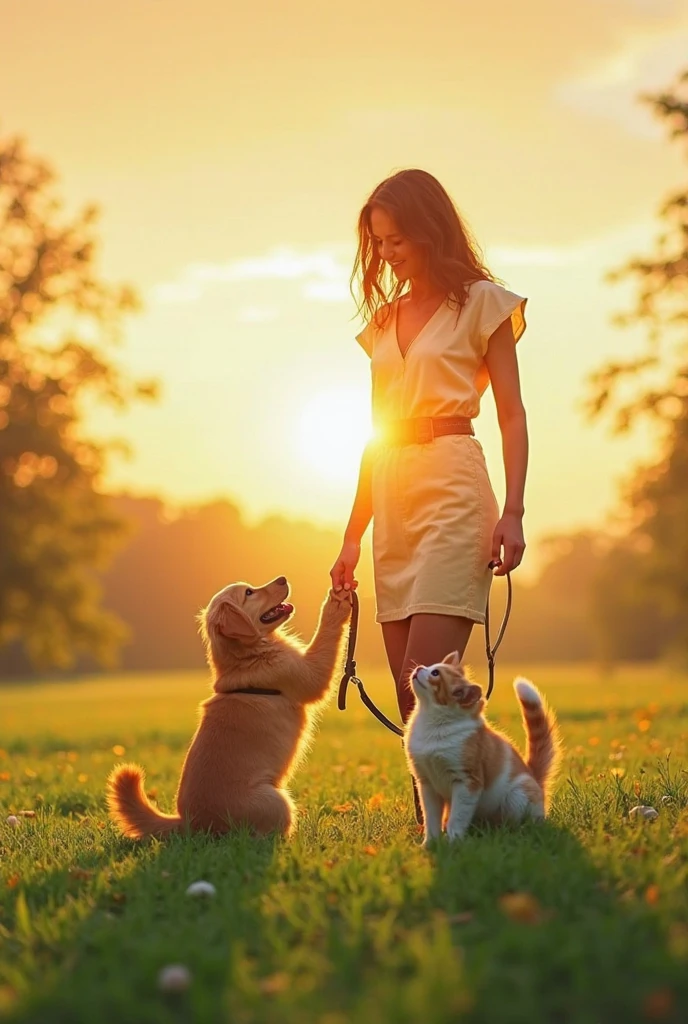 high quI am looking for a high-quality banner image for an online pet store. The dimensions should be 1440 x 432 pixels, or ideally, 2880 x 432 pixels for better resolution. The image should feature a vibrant and playful scene with various pets, such as a kitten and a golden retriever puppy, interacting joyfully on a bright green field. The background should be lush and natural, possibly with a bokeh effect to keep the focus on the pets.
The scene should also include a variety of colorful pet accessories like plush toys, a stylish leash, and containers of pet food. The lighting should be soft and warm, creating a cheerful and inviting atmosphere. The overall style should be vibrant and optimistic, reflecting the joy of pet ownership.
It's important that the image is high-quality and doesn't get cropped or distorted when used as a website banner. The focus should be on creating a visually appealing and engaging image that attracts customers to the online pet store.ality, 8K Ultra HD, A beautiful double exposure that combines an goddess silhouette with sunset coast, sunset coast should serve as the underlying backdrop, with its details incorporated into the goddess , crisp lines, The background is monochrome, sharp focus, double exposure, by yukisakura, awesome full color,