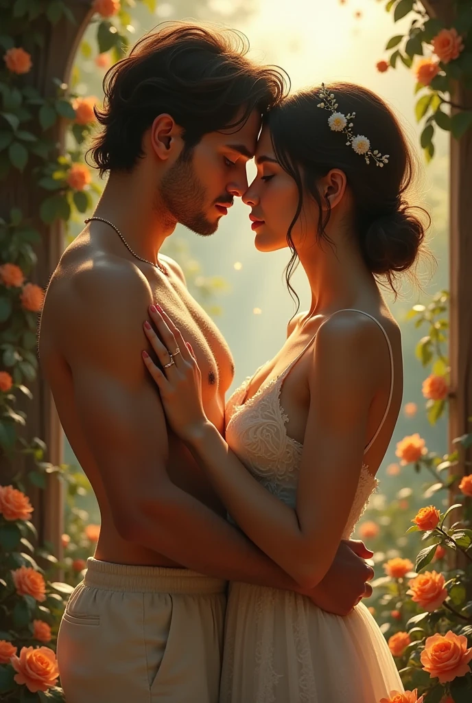 (((man and woman having sex in various position))) (1 gorgeous hijabi malay girl wearing thongs and arm sleeve, topless, wearing plain hijab, she is hugging 1 handsome man 40 years old with slick back hair, he is shirtless and wear panties) ((he is having sex with her)), dynamic pose, ultra realistic, masterpiece, maximum quality, detailed skin texture, skin pores, film grain, eyes closed, skin marks, moles, highly detailed skin, fantasy flower garden, (flowers blooming densely in background), lisianthus, pale pink and light azure color grading, surreal and dreamy environment, ethereal foliage, high contrast, ink strokes, over exposure, abstract, (watercolor painting by John Berkey and Jeremy Mann, brush strokes), flower petals and leaves flying blown by wind, film grain, film noise, cinematic composition ((KAMASUTRA)) ((wind blowing dramatically)) ((man with slick back short hair))