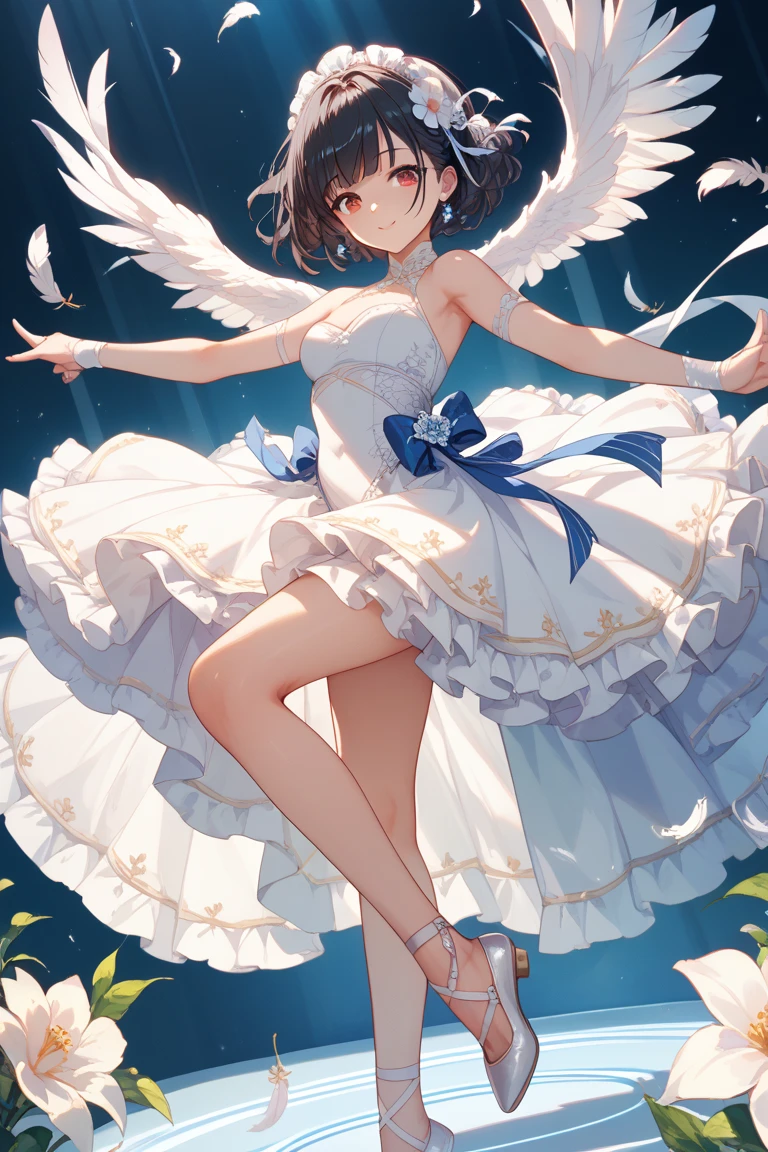 Chiquita, cute, white wings, smiling happily, short brown hair, one with blue eyes, one with green eyes, dresses of different colors, flower hair ornament, trunk, gazing at viewer, space, Meteor, Lumiere, blush