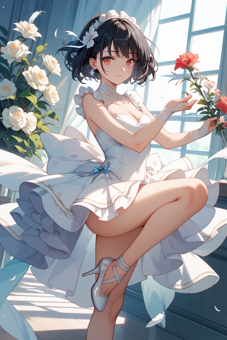 Best quality at best,tmasterpiece,1girll,10years old,white wedding gown,Surrounded by flowers,The upper part of the body,closeup cleavage,with short black hair,(little breast),grassy fields,big breasts beautiful,looking at viewert,ssmile,white stockings,particle fx,Off-the-shoulder attire,black big eyes