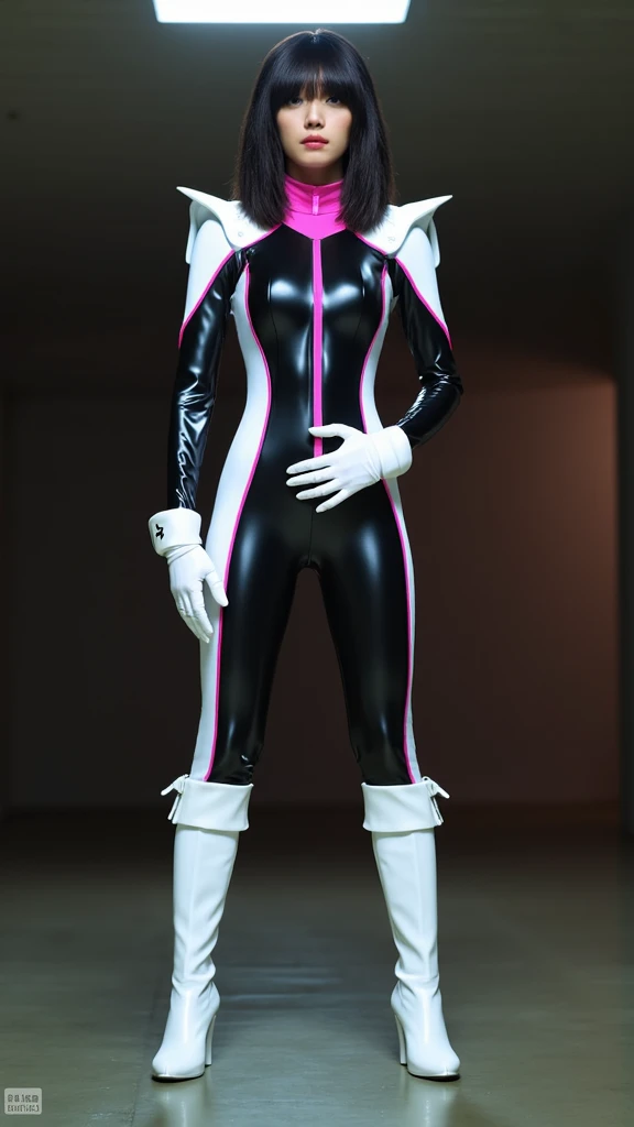 (8K、ultra high resolution、highest quality、masterpiece、realistic、ultra high resolution)、(((Must be female、Always shiny neon pink Power Rangers、Must have big breasts、Definitely quite big breasts、feminine body、tight buttocks)A full-face helmet that ensures that your face and hair are not exposed.、Definitely a shiny neon pink patent leather full body suit、big emblem on the chest:1.3))(very shiny helmet and suit and skirt)、(Must be a big site cosplay venue)