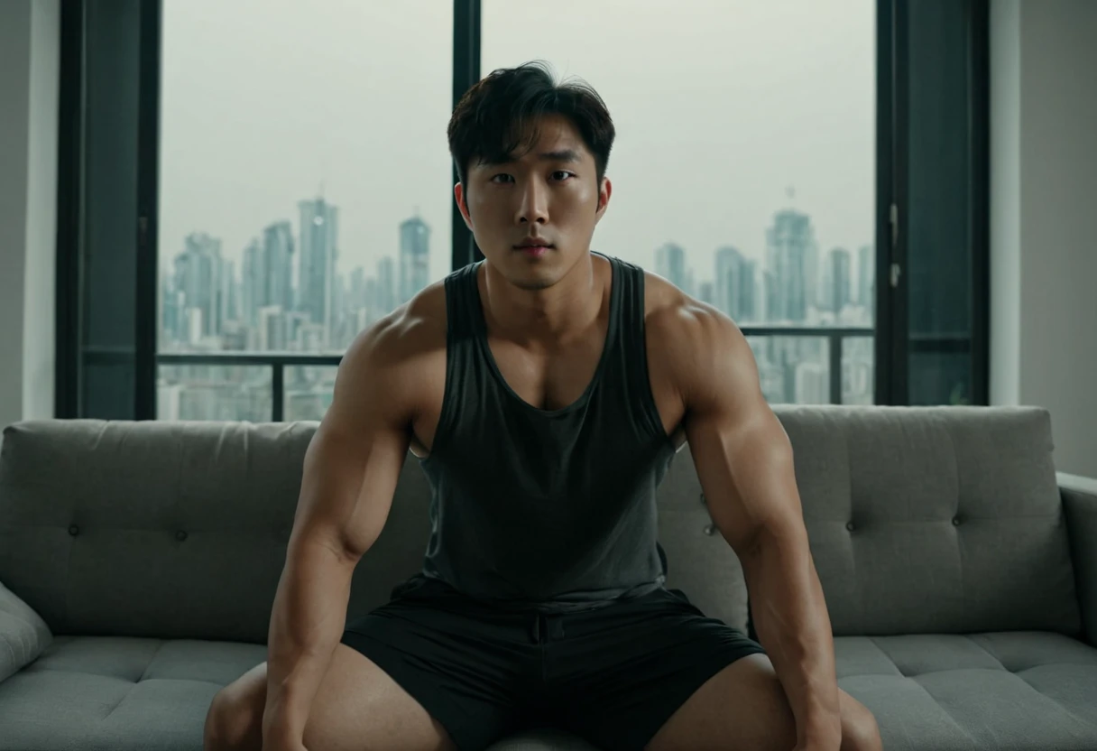 generate a master photograph describing a shapely Man, a fitness model performing a challenging core workout in a modern gym, (8K, best quality), smile, brown hair, black hair, (hard chest, six pack, v cut), He is in a sit-up position, showing off his defined abs. The gym background is sleek and clean, with natural lighting enhancing his physique, (He has sexy hard chest, Most sexy v-cut , Most sexy six pack), Manly, Mancore, (He has fit chest, sexy six pack, sexy v-cut, extremely sexy hips), (asian skin, glistening skin, beautiful complexion), shot on Fujifilm superia, (Studio soft light, high detail, cinematic lighting, rim lighting), Style: (hyperrealistic, by DynastySeries FashionNova, photo, {{{masterpiece photography}}}, analog photograph, professional fashion photoshoot, trending on artstation, synthwave, krrrsty), Quality: (photographed, masterpiece, highest resolution), Definition: (highres, sharp focus, 8k uhd, ultra photo-realistic resolution), Film: (80 mm, shot on portra 120, shot on Fujifilm), Resolution: (extremely detailed, (sharp focus:1.5), cinematic lighting, dramatic lighting, ultra photo-realistic), luxury:    