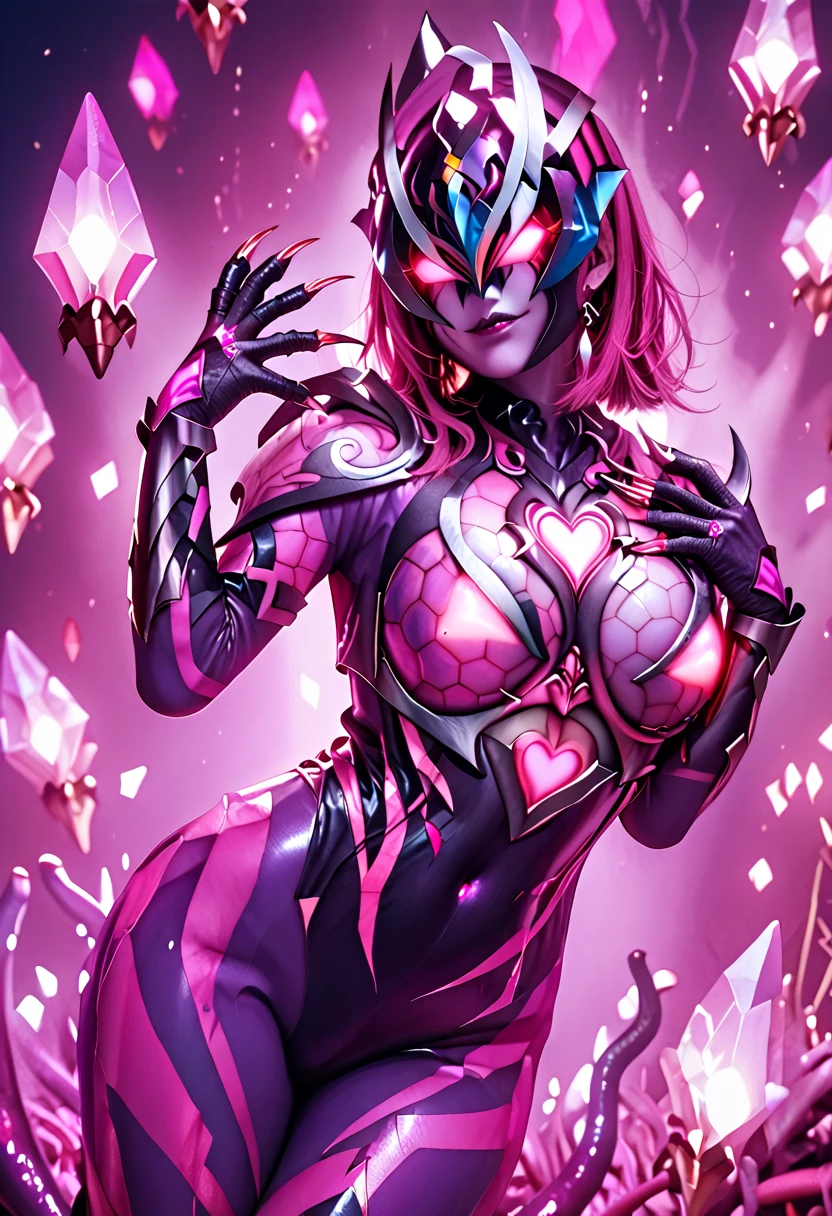Ultraman Style Girl. Covered in black and purple skin. Pink lines. Glowing crystals on her chest. Sharp claws. Firm breasts. Curved waist. Thighs. A carapace covering her face. Armor-like skin. Honeycomb-patterned skin. Fusion with tentacles. A glowing pink heart tattoo.