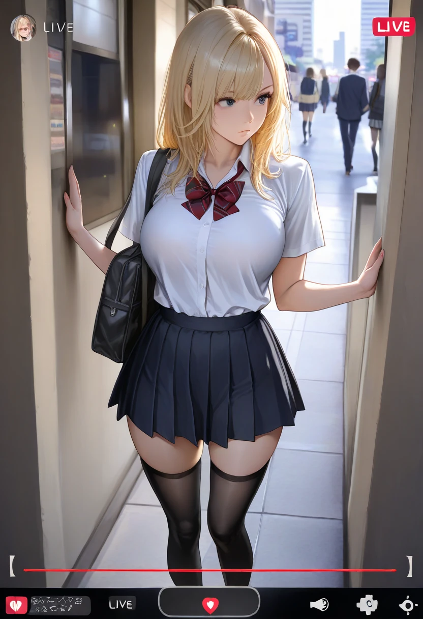 masterpiece, best quality, Itsumi Erika, 1girl, ashen blonde hair, blue eyes, solo, medium breasts, naked body, black skirt, sexy black bra, standing frontally, pov, looking at viewer, whole body can be seen, expressionless, indoors, locker room, detailed hands, five fingers