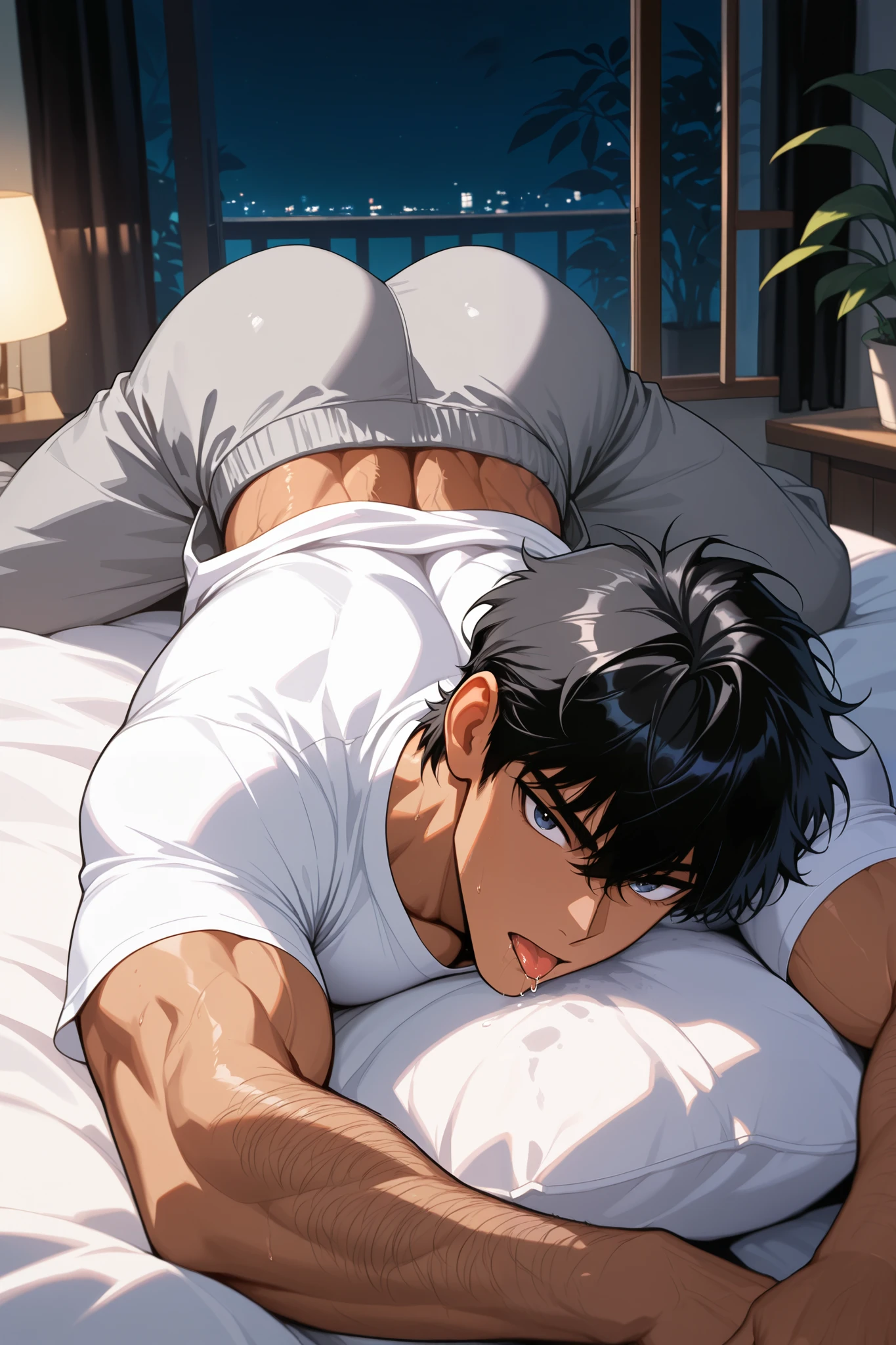 (Masterpience, absurdres, topquality, mj manga) 1boy, solo, maturemale, bishounen, tsurime, dark skin, hairy body, short hair, black hair, messy mullet, athletic body, pecs, biceps, defined abs, big butt, bedroom, open window, nice scenery, black thin curtains, hanging plants, lamp, (night), high angle, looking at viewer, white shirt, gray baggy sweatpants, focus butt, lying on bed, spread legs, lying on stomach, tongue, saliva, drooling