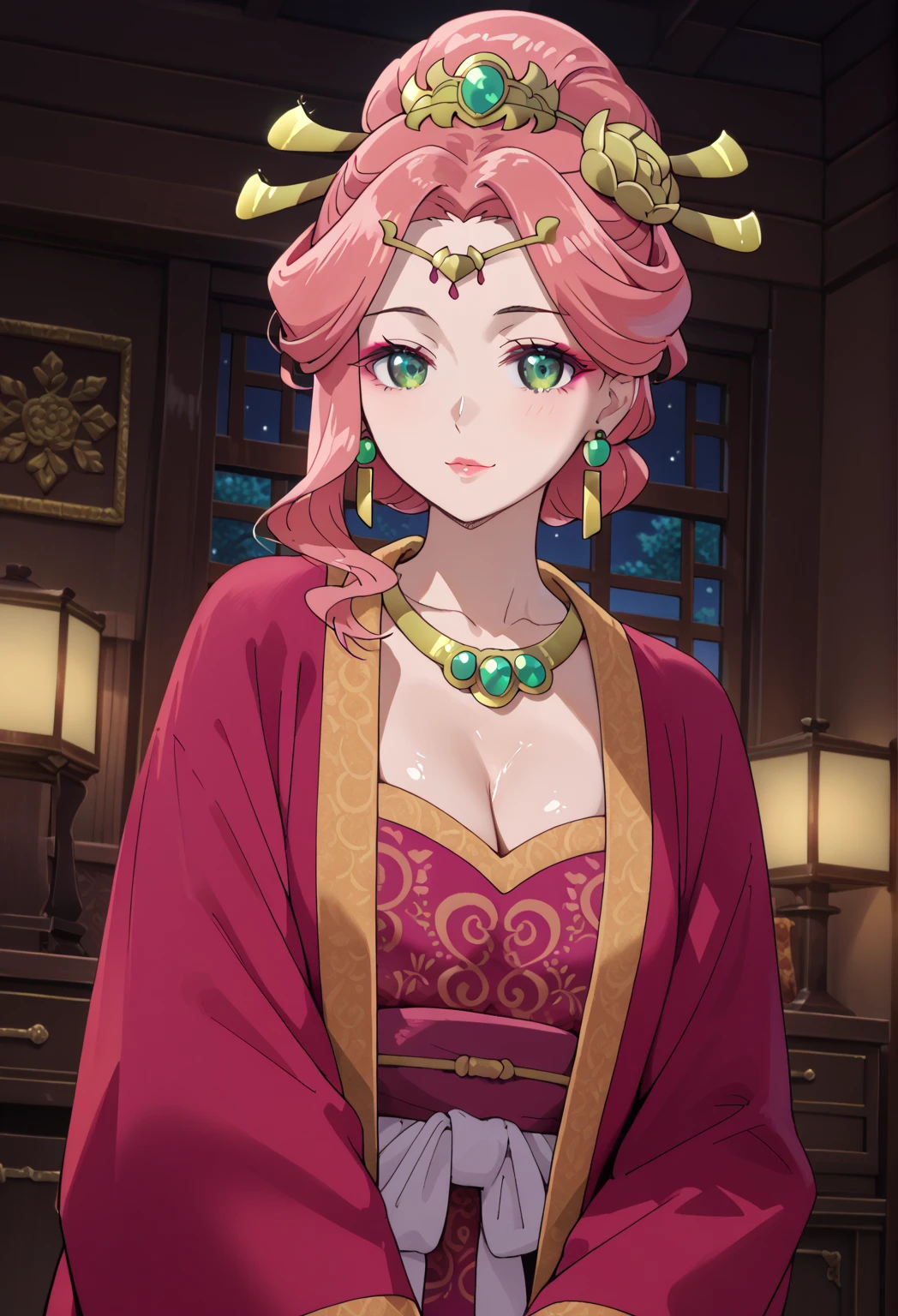 score_9, score_8_up,score_7_up,score_6_up,score_5_up,score_4_up,source_Genuine,quality_masterpiece, hyper details, 最高quality,(Jade leaf, pink hair, one-knot hair, green eyes, hair ornament, earrings, jewelry, necklace, dress, Hanfu, makeup), Takeda Kouzan-ryu, very white skin ,oiled, Shawl, Night ,room,)Dutch Angle,pupils,,sexy pose with one hair hanging down,