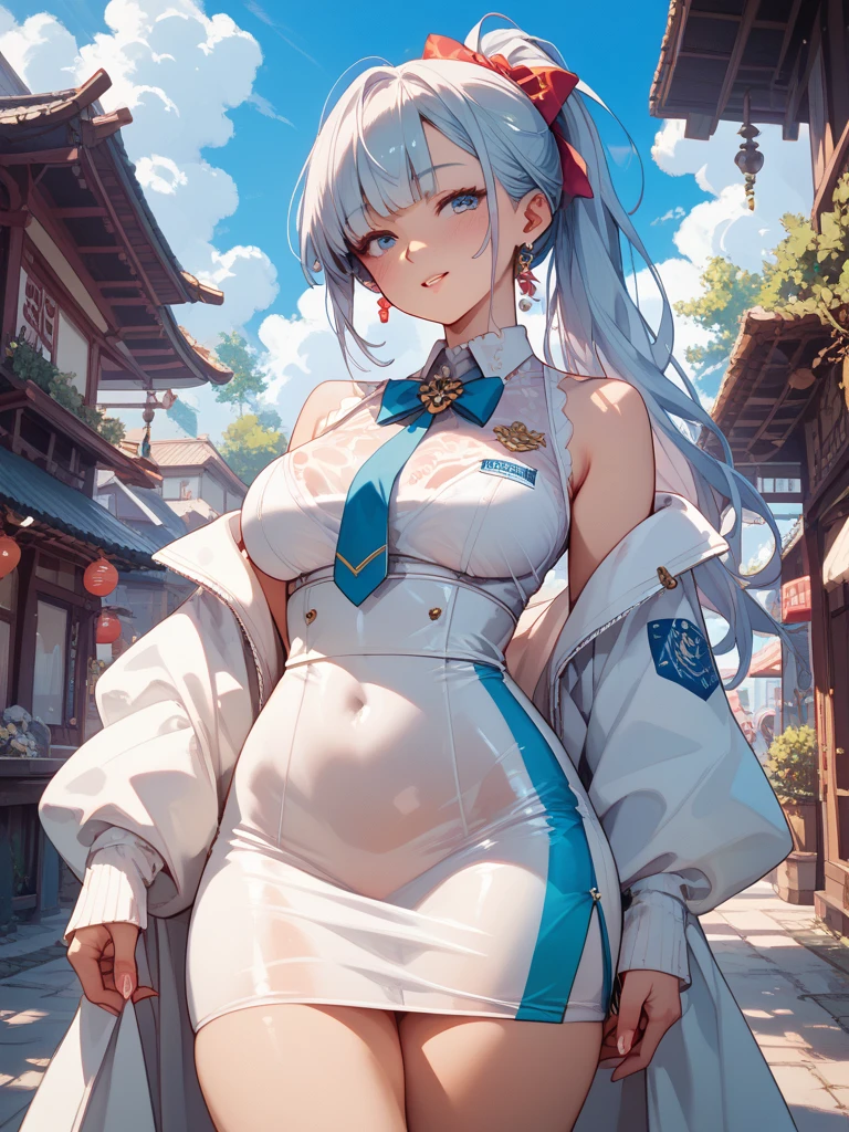 masterpiece, best quality, finely detailed, maximalist, by artgerm, 8k anime artwork, 8k photo, trending on artstation. A 20-year-old, beautifully chubby girl is depicted in a stunning piece of art, her face adorned with strong pink makeup. She wears a striking white and red long and closed qipao, accentuating her figure. Her eyes are a captivating silver blue, detailed and beautiful, with highlighted contours that add depth and allure. Her lips are equally detailed, full and sensual, framed by a subtle, yet evil smile.
Her long silver hair cascades down her back in a breat