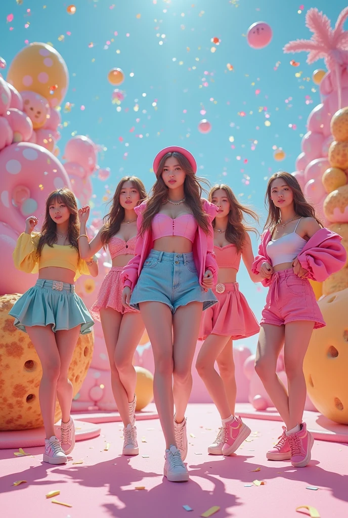 I'm taking photos for a new concept album. Create girl group concept photos with a world full of candy