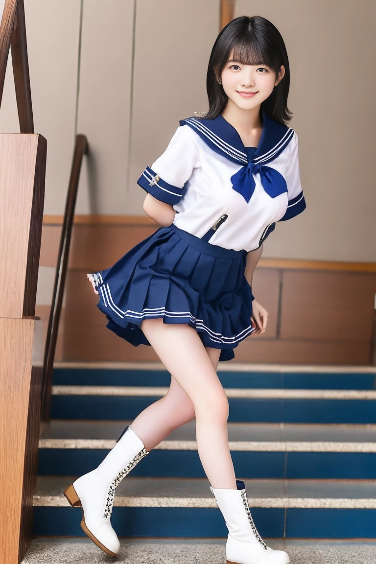Okinawa's blue sea and white sand beach、8K  UHD、Digital single-lens reflex camera、High resolution、shallow depth of field、Natural light、(((sailor suit)))、(((Dark blue super mini skirt)))、(((full body shot)))、small person、(((young face)))、1 Japanese girl、16 years old; beautiful girl、(black hair)、(((brown eyes)))、Glossy skin、smooth thin hair、long hair、detailed background、highly detailed eyes and face、clear eyes、cute smile、Calm atmosphere、(((climb the stairs)))、(((detailed small breasts)))、(((beautiful eyes)))、petya pie、children `s、(((tight thighs)))、(((white panties)))、(((angle from below) ))、(((detailed lips)))、(((The skirt is fluttering)))、beautiful shining legs、((nsfw))