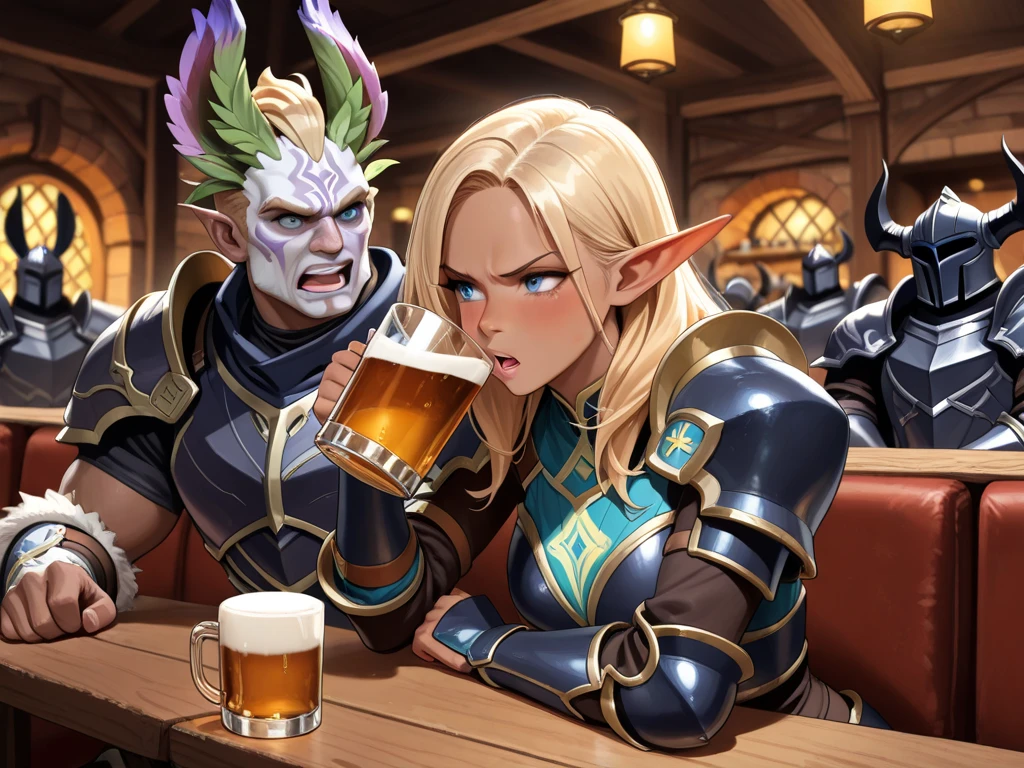 elf woman with white hair, wearing medieval dress, drinking beer at medieval tavern with crowd people, there having fun.