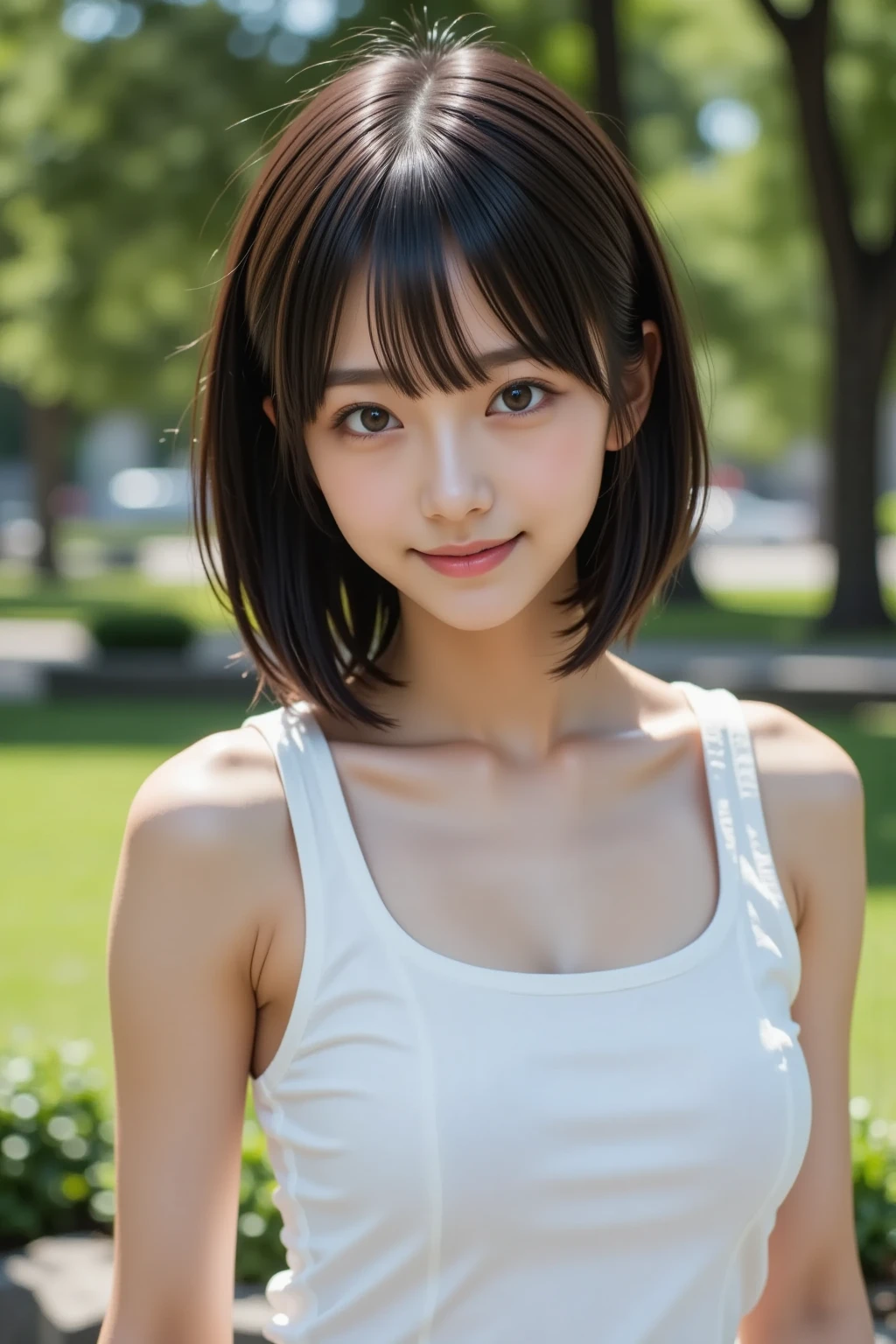 （masterpiece）、(highest quality:1.5)、(16K Wallpaper:1.2)、(Photorealistic:1.2)、(Ultra-detailed:1.2)、(超A high resolution:1.2),(Surreal), (figure), (High resolution), (Very detailed), (best figure), (Professional), (Realistic), (Post-processing), (maximum detail), (Very detailed),(Sharp focus), Sharp focus:1.2,Photorealistic, Ultra-realistic, Backlight, Bright light, (Improvement of quality:1.4),Healthy thighs、Narrow waist、Big ass、（Beautiful legs）、((Perfectly detailed five-fingered hands)),（Anatomically correct body）、((1 female:1.４))、Realistic Skin、（Small chest：1.4）,Pretty woman with perfect figure:1.4,(from the front:1.5), (Enhances the beauty of skin texture:1.1), (Beautiful fine details), (Detailed face),Beautiful realistic face,No makeup、美しいBlack Hair、Super Beauty、The best smile、Natural color lip、Even bangs、((29-year-old woman))、Bob Hair、Hair blowing in the wind, (Black Hair, Iris, Watery eyes, Shining Eyes, Short Bob Cut, Small earrings, Lightly reddish),  ((tuck mini skirt, White tank top:1.3)),Are standing), (Foggy morning forest),(Huge park), Natural light, full length
