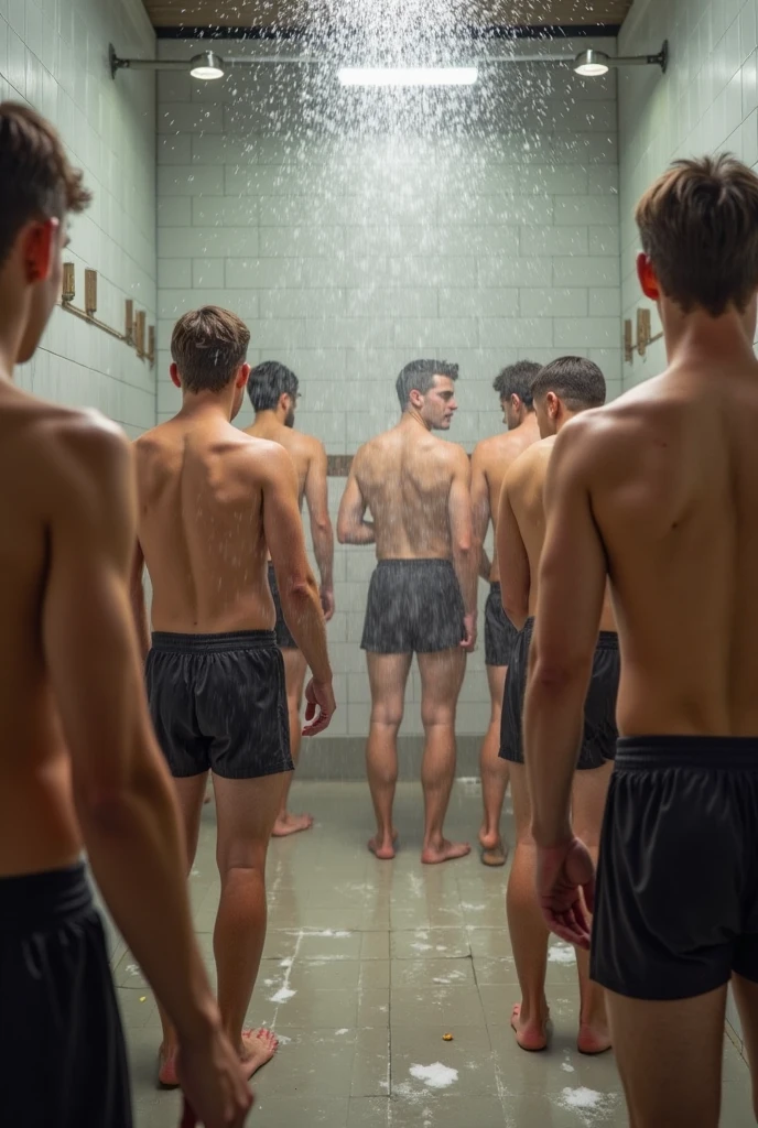 View of a man standing at the door of a house looking at strong, bearded Brazilian mixed race men taking a shower inside the house.