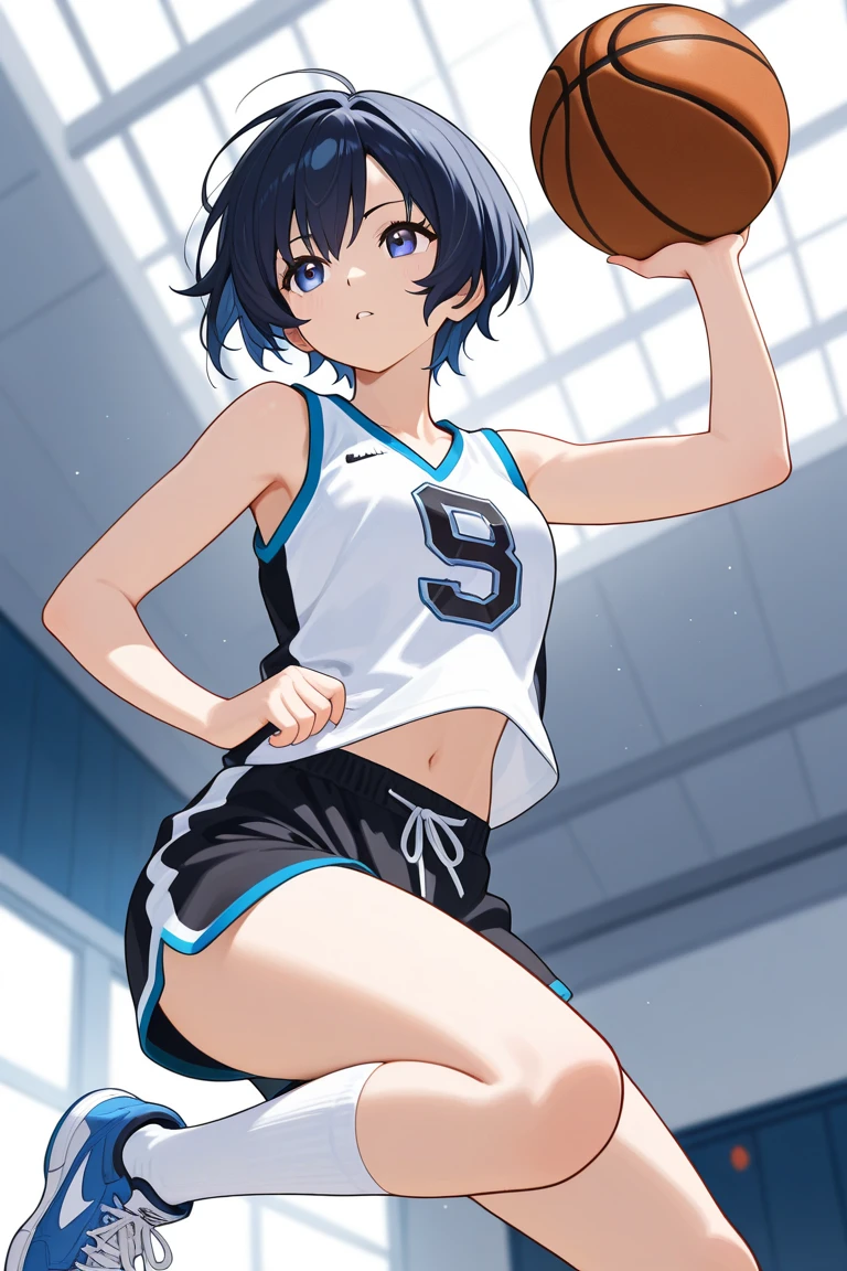 ((best quality)),((highly detailed)),masterpiece,absurdres,detailed face,beautiful face,(detailed eyes, deep eyes),1girl,((dynamic pose)), soifon, black hair, solo, bow, small breasts, cowboy shot, chinese town, outdoors, seductive smile, looking at viewer, wearing purple volleyball uniform, put your hands behind your head, armpits, armpits visible, sweaty armpits, 