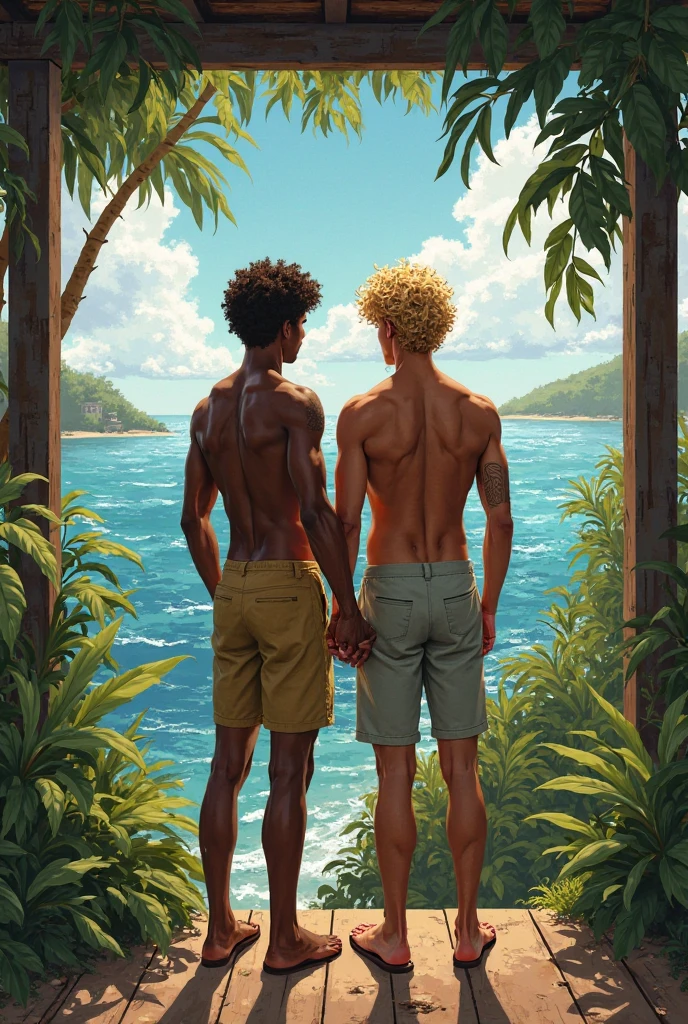 two beautiful young men, one with white skin and the other with afro skin, on a beach, with palm trees, thank you, somewhat magical background, cute, Disney Pixar 3D style, with large --auto --s2