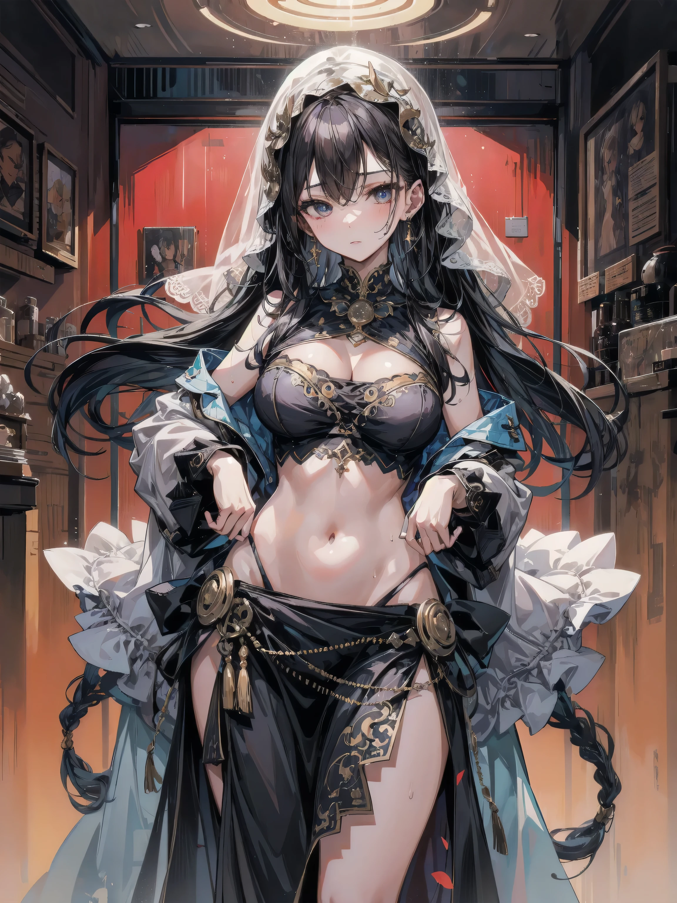 ((Yelan)),
{profile picture},{an extremely delicate and beautiful girl}, cg 8k wallpaper, masterpiece,
church,bible,crucifix,
cold expression,front,sad,shinning eyes,
garter straps,Gorgeous headdress,Gemstone headdress,one small golden flower ornaments,royal,clergy,white robe with gold pattern,Veil,Blue hairpins,White stockings with gold pattern,Gemstone necklace,large breasts, ,gold pattern,goddess,Lace-up heels,
beautiful detailed eyes,Hair glows,holy,Gorgeous
stained_glass,
sexually suggestive, sexual behavior, <lora:Moxin_10:0.8>, <lora:yelanLoraCollectionOf_yelanHard:1>