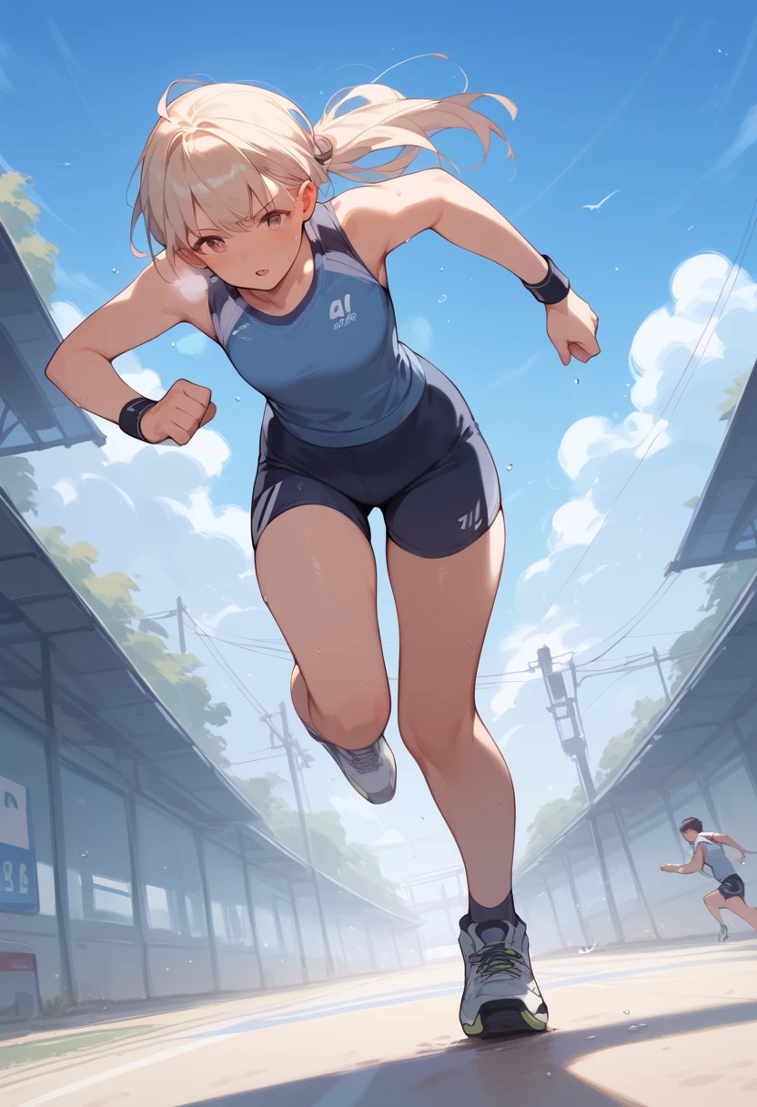 Handsome guys running on the track，Abs, chest muscle，Strong thighs，White sneakers