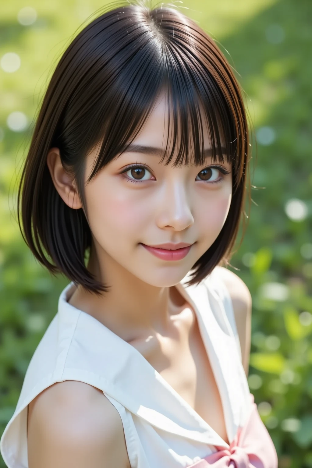 (highest quality,masterpiece:1.3,Ultra-high resolution),(Super detailed,Caustics,8k), (Photorealistic:1.4, RAW shooting),(A forest shrouded in a mysterious, dense fog),Sunlight filtering through the trees ,Light pours down,20-year-old,cute,Are standing,(smile),Looking into the camera,Black Hair Middle Hair,(Crimson Dress), (Bust up shot),Natural light