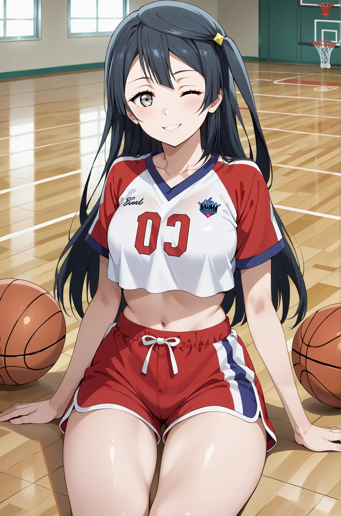 score_9, score_8_up, score_7_up, source_anime, 4K,perfect fingers,(perfect hands, perfect anatomy),prefect lighting, very aesthetic, intricate details,highly detailed background, masterpiece, high quality, best quality,
1girl, setsuna yuuki, yuuki setsuna (love live!), long hair, bangs, black hair, sidelocks, grey eyes, one side up, hair ornament, Large Breast,,
wearing ((crop top , basketball uniform , micro shorts, )) ,,
Leashed cute, face full of sticky white spunk, on her knees the floor, wink,