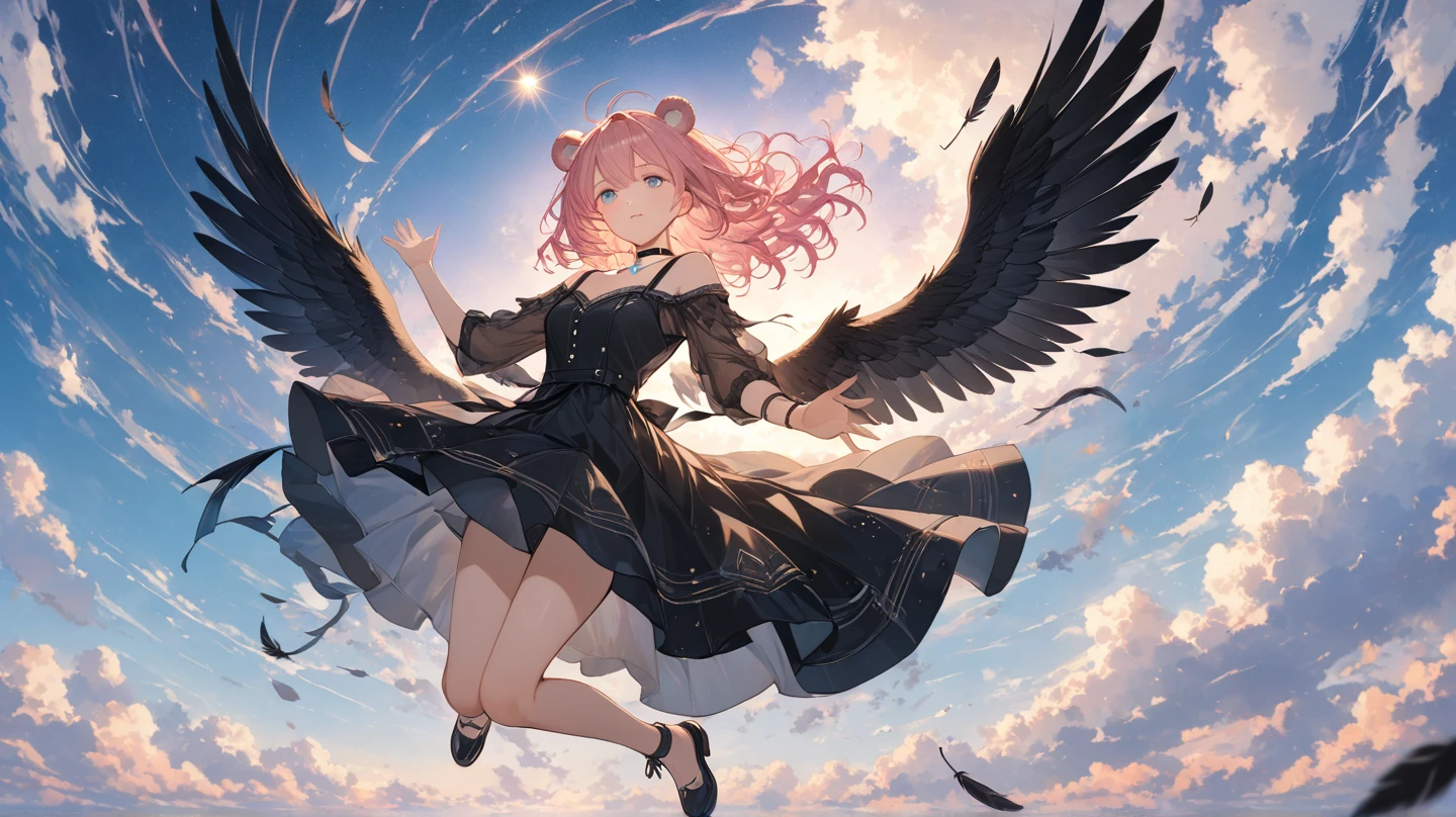 ((Highest quality)),(Ultra-high resolution),(Very detailed),(Detailed Description),((The best CG)),(A masterpiece),Ultra-detailed art,Amazing painting art,(Works with precise details:1.5), (1 female:1.6),(Beautiful and well-proportioned face:1.5),(Curly Hair:1.6),(Intricately detailed lace dress:1.8),Fine jewellery with exquisite detailing:1.5,Waist Accessories:1.5,Look at me and smile:1.5,  See-through nipples, Angel Girl, (((Magnificent angel wings on the back:1.2))), Mature Woman,Descended into the church,(Pastel colored hair:1.3),(Red and black long high heel boots:1.4), (garter belt), (stockings)、 (Floating in the sky with magical powers:1.2),(Floating skirt:1.5), (Embarrassed expression, blush:1.2),（bracelet),(heart choker)