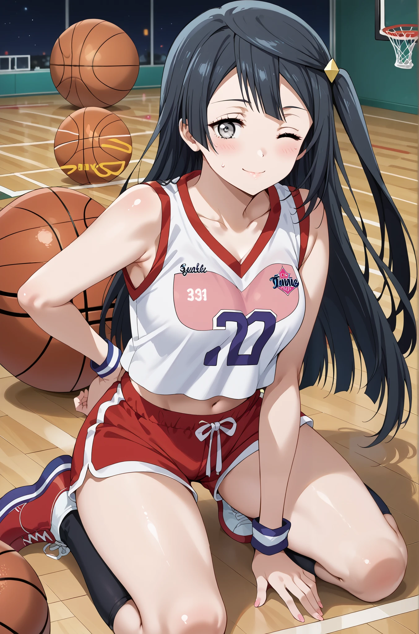 score_9, score_8_up, score_7_up, source_anime, 4K,perfect fingers,(perfect hands, perfect anatomy),prefect lighting, very aesthetic, intricate details,highly detailed background, masterpiece, high quality, best quality,
1girl, setsuna yuuki, yuuki setsuna (love live!), long hair, bangs, black hair, sidelocks, grey eyes, one side up, hair ornament, Large Breast,,
wearing ((crop top , basketball uniform , micro shorts, )) ,,
Leashed cute, face full of sticky white spunk, on her knees the floor, wink, flirtatious, shy,