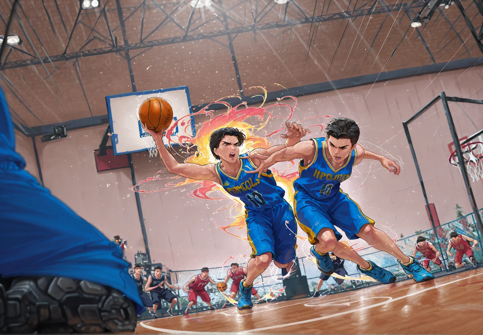 Basketball Game,real,powerful,intense movement,Sports Action,stylish,dynamic composition,4K,HDR,professional,Studio Lighting,bright colors,Pop colors ,The excitement of the game,Sports Heat
