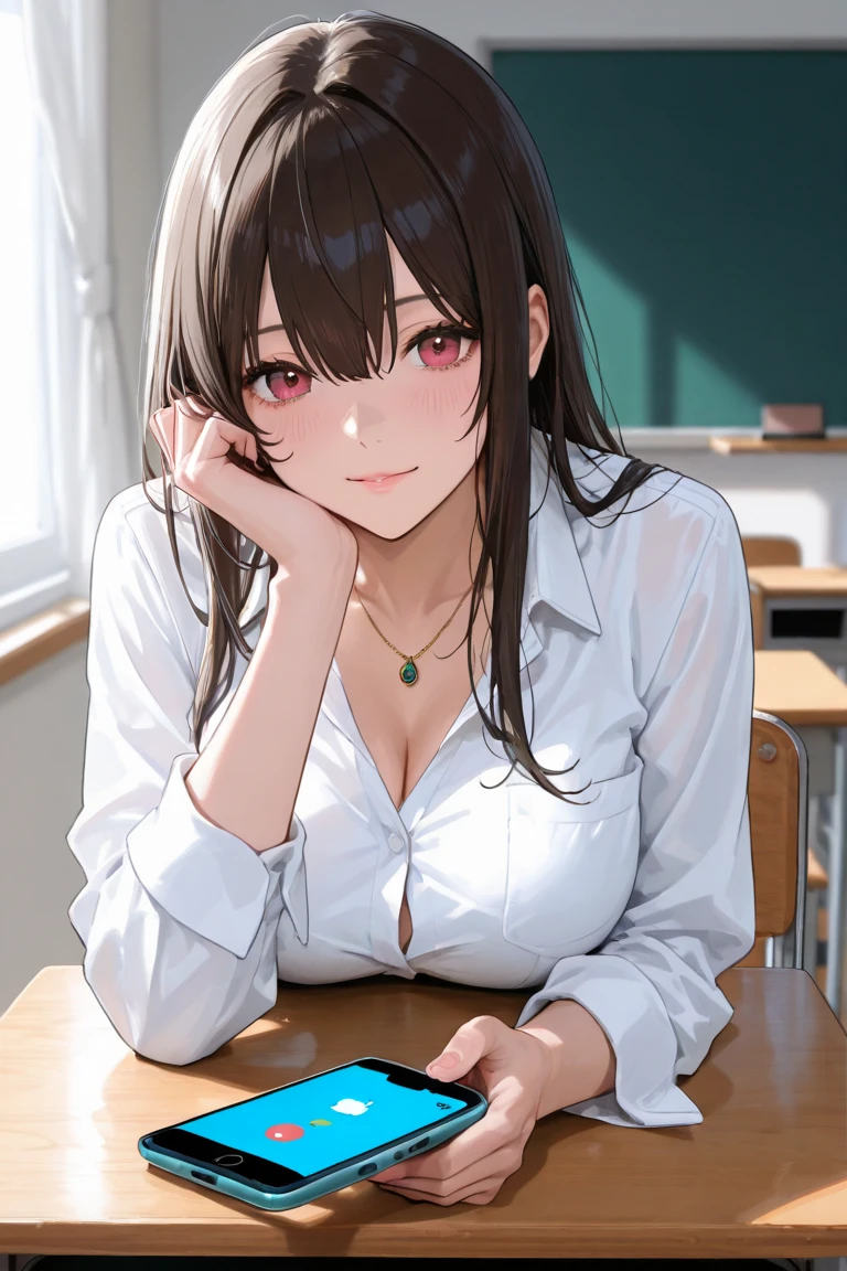 nsfw,8k, raw photos, top quality, masterpieces,masterpiece, best quality,realistic:1.3,hyper detailed,beautiful eyes, beautiful black hair, beautiful face, beautiful skin,dutch angle,1girl, solo,18years old,medium breasts, seductive smile, school uniform, blazer, cardigan, jacket, cleavage cutout, open clothes, long sleeves, pleated skirt, white shirt,school classroom,sitting ,crossing my legs,