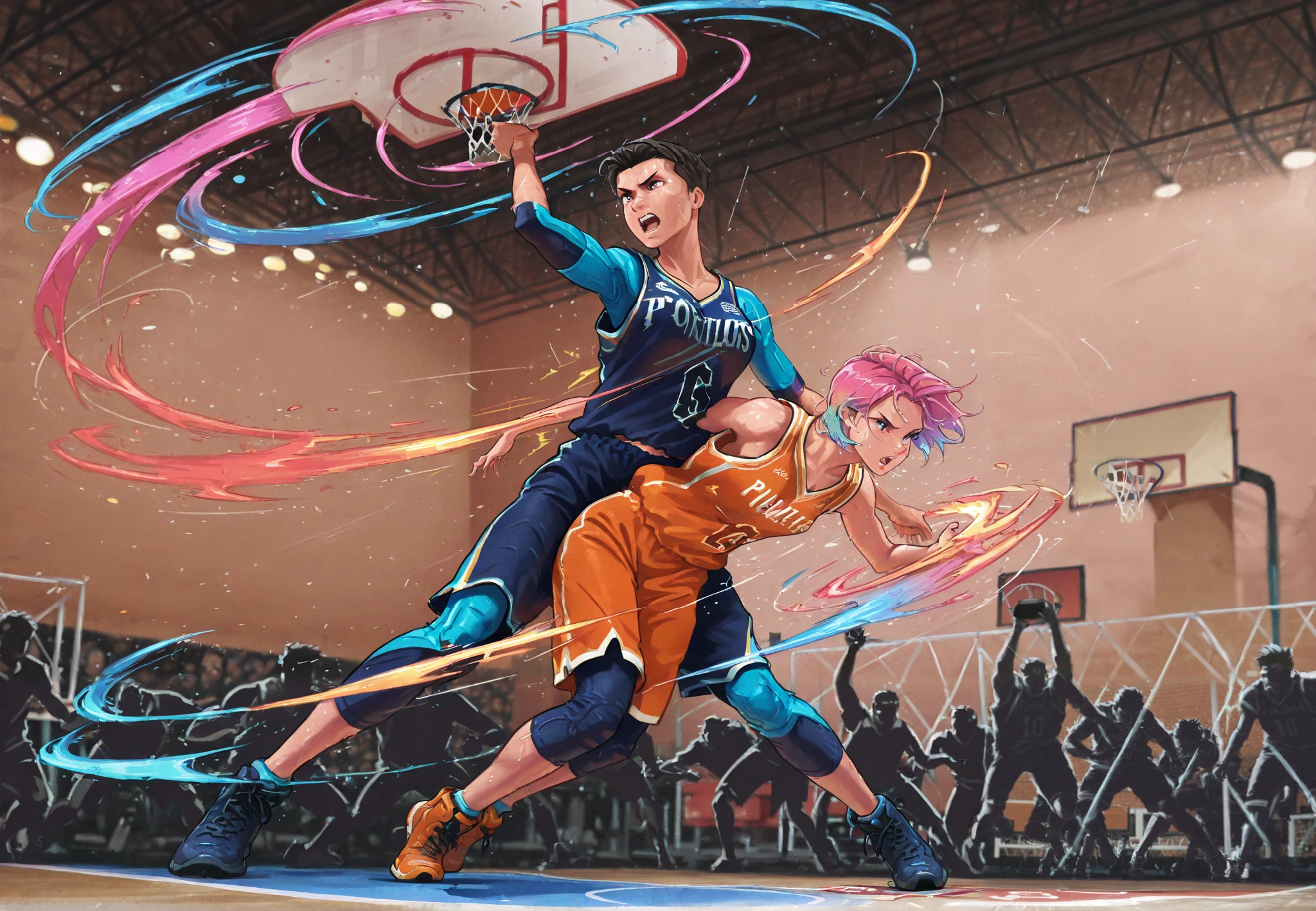 basketball game,real,powerful,intense movement,Sports Action,stylish,dynamic composition,4K,HDR,professional,Studio Lighting,bright colors,Pop colors ,The excitement of the game,Sports Heat