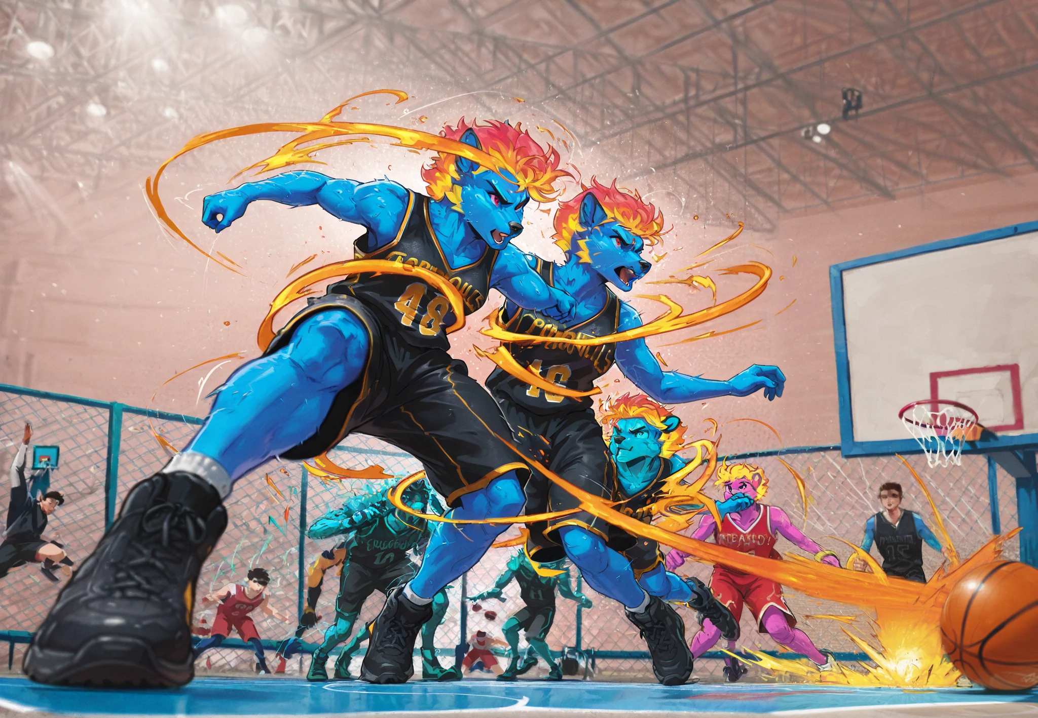 Basketball Game,real,powerful,intense movement,Sports Action,stylish,dynamic composition that will be violently attacked,4K,HDR,professional,Studio Lighting,bright colors,Pop colors ,The excitement of the game,Sports Heat