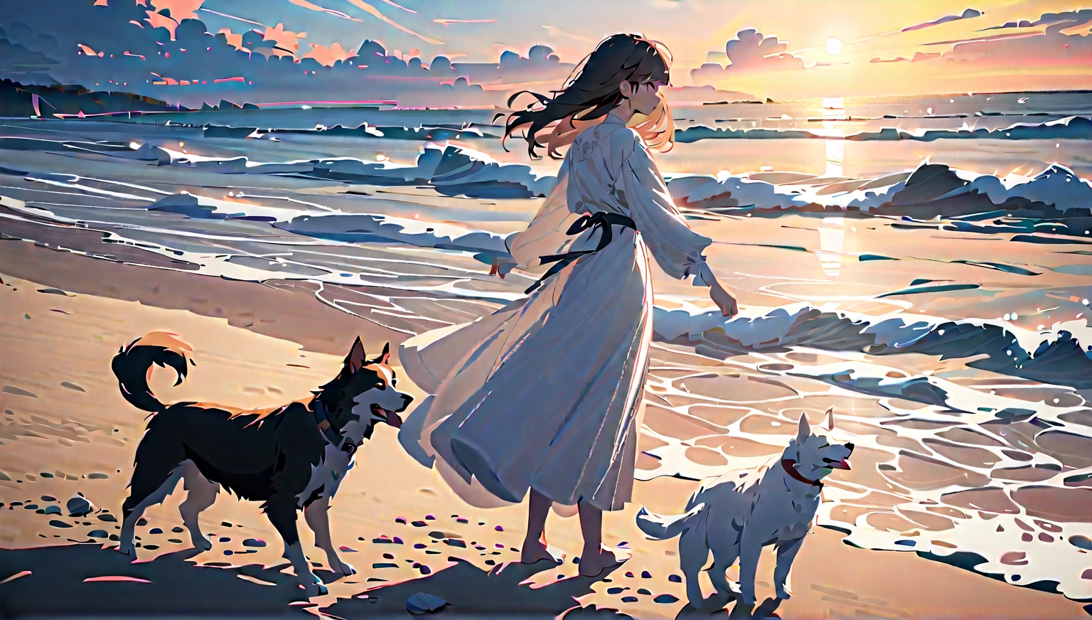 A girl running by the sea, followed by a dog, was very happy --auto --s2