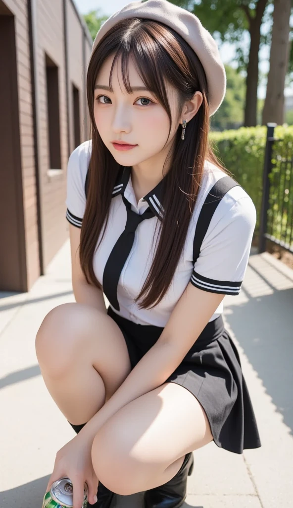 (1girl), Brown hair, Amazing face and eyes, Pink eyes, (High school uniform with wide open breasts:1.4), Beautiful big breasts, bared chest, (amazingly beautiful girl), Brown hair, (High School Uniform, Pleated mini-skirt:1.5), ((Best Quality)), (Ultra-detailed), (extremely detailed CG unified 8k wallpaper), Highly detailed, High-definition raw color photos, Professional Photography, sitting, ((legs wide open)), (((Bokeh))), depth of fields,