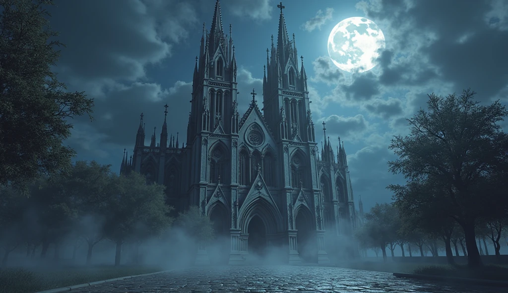 A grand gothic cathedral with towering spires, the full moon shining ...