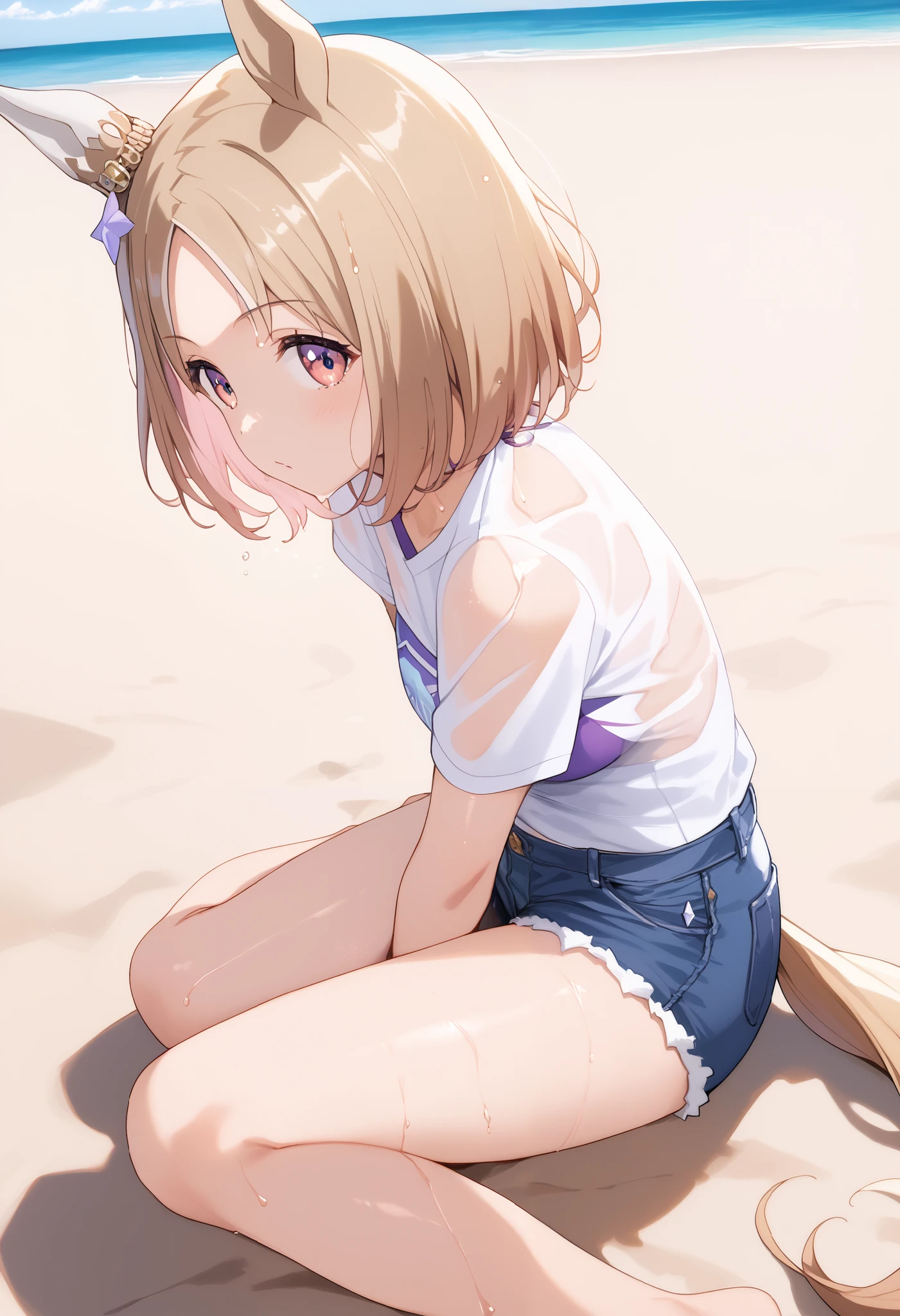 narita, horse tail, short hair, animal ears, ear ornament, ear covers, single ear cover, 1 Girl, solo, anime style,on the ground,BEST QUALITY, super detailed, anime style,8k, high resolution, detailed images,( sandy beach),((The white t-shirt gets wet and you can see through the top of the purple bikini)),(the whole body is wet),((purple micro mini denim shorts)),(( sandy beachに立っている),(is facing here),( smiles and smiles),Dyed slightly red on the cheeks,(Near the sea),(Sunshine pours down),((smooth thighs)),(Up image of the upper body above the thigh),Picture from the thigh,character up image,Diagonal side view,(Upgraded image of the character from an oblique side),((An upshot of a character above the thigh)), thigh up image ,Highest quality,best quality