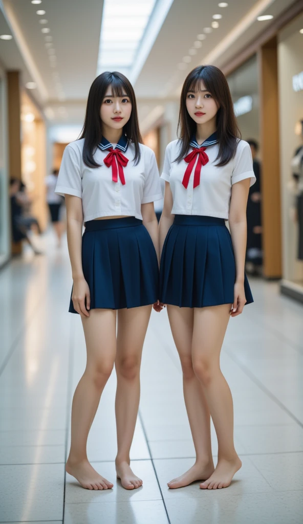 (8x_NMKD-Superscale_150000_G), (best quality), (high resolution), (masterpiece), ((bilateral symmetry:1.5)),((cowboy shot)), ((Identical posture, identical clothing)),((((arms behind back)))), ((Locked up in prison)), ((sad, frightened expression)), ((white and blue SAILOR uniform, pleated miniskirt, blue socks)), One girl in sailor uniform, , trapped in basement