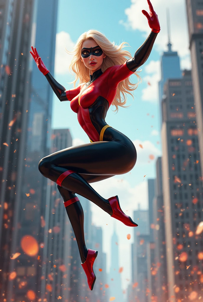 chica anime con traje de spiderman inspired en una bailarina de ballet (inspired, but igyak still maintains the spiderwoman essence) The girl is blonde and the shot is full body, she is voluptuous.