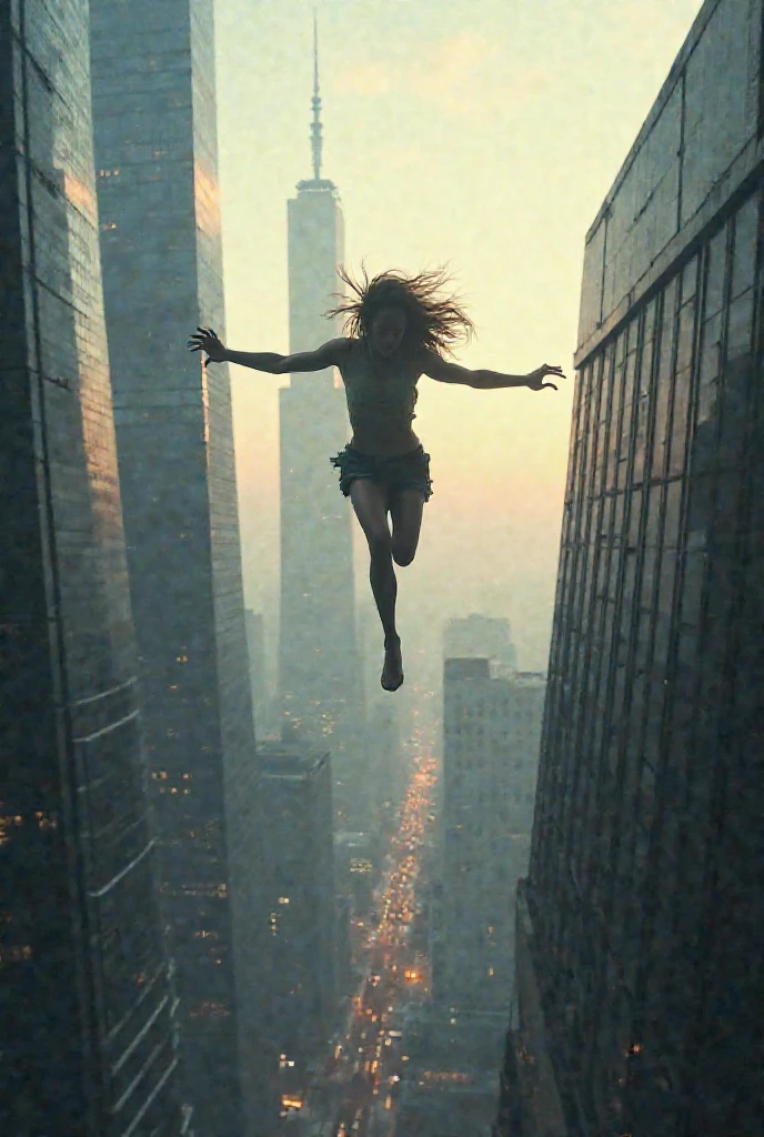 (absurderes:1.1, hight resolution:1.1, ultra-detailliert:1.1),1 cute girl, Blonde ponytail, Down jacket, espadrilles, medium breasts, Jumping:1.3, Background lying on the side of a building, city ,Cinematic lighting ,From above