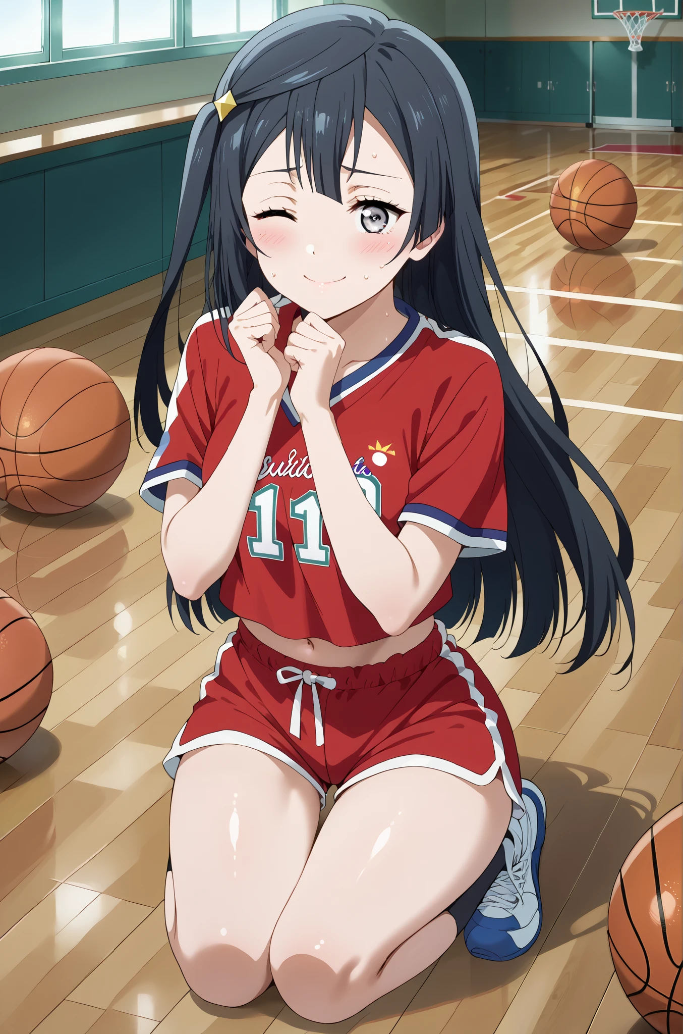 score_9, score_8_up, score_7_up, source_anime, 4K,perfect fingers,(perfect hands, perfect anatomy),prefect lighting, very aesthetic, intricate details,highly detailed background, masterpiece, high quality, best quality,
1girl, setsuna yuuki, yuuki setsuna (love live!), long hair, bangs, black hair, sidelocks, grey eyes, one side up, hair ornament, Large Breast,,
wearing ((crop top , basketball uniform , micro shorts, )) ,,
Leashed cute, face full of sticky white spunk, on her knees the floor, wink, flirtatious, shy, submissively, nervous, smiling embarrassed,