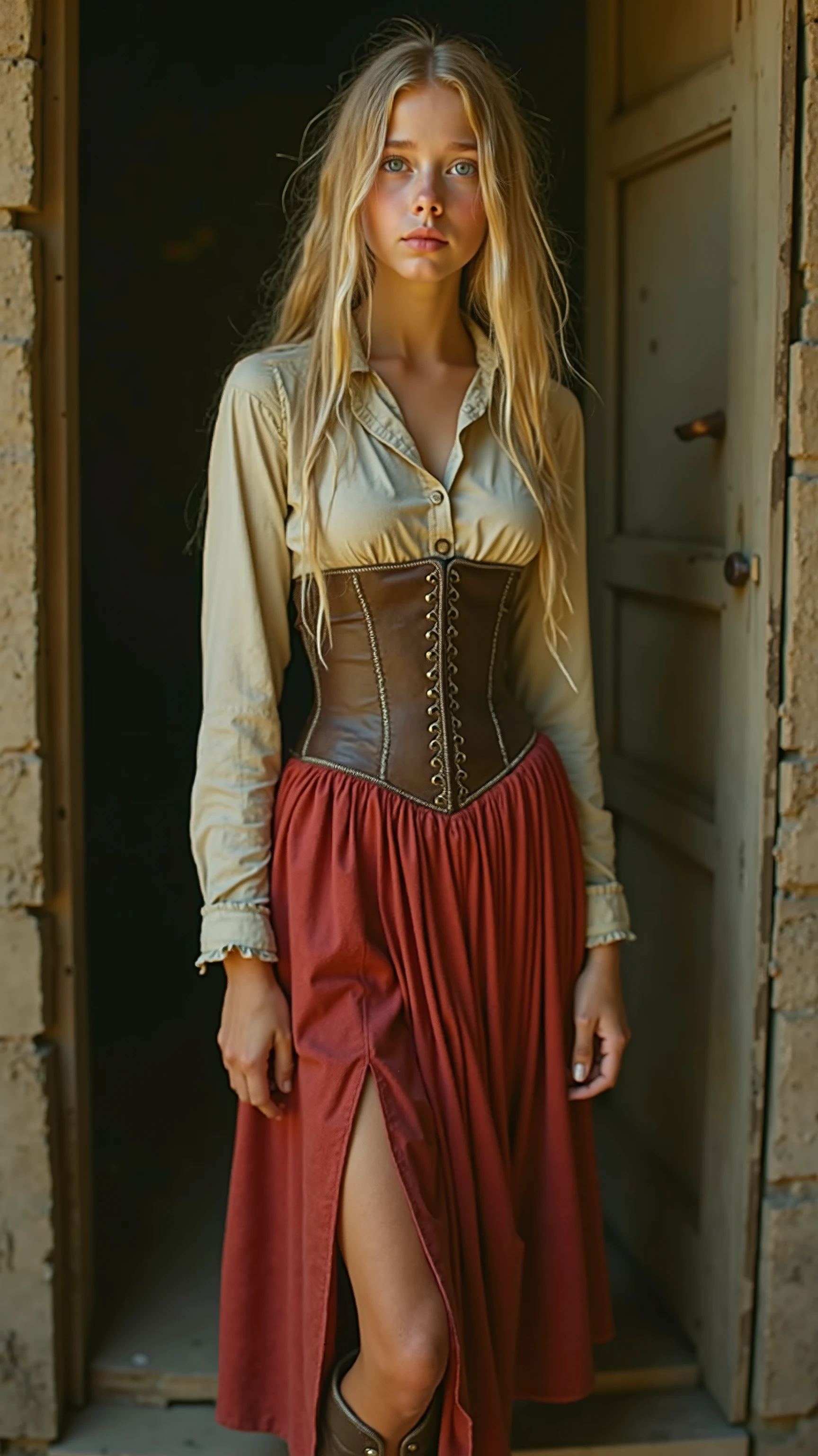 NSFW、Old Photos、19th century France、Beautiful girl with long blonde hair parted in the middle、blue eyes、Modest breasts、I'm wearing a raw long-sleeved collared shirt、red knee-length cotton skirt、brown bodice、brown leather booties、Dirty clothes and body from a long trip、Clothes are in tatters and gone bankrupt、The skirt has a big split in the shape of a slit and reveals the thighs、A tavern along the road、the girl is traveling while prostituting、Girls don't choose customers、cheap prostitutes、Despised for being thought of as a slutty girl、women who have sex with anyone、Prostitutes who take customers everywhere、They are inviting customers with a flattering attitude、