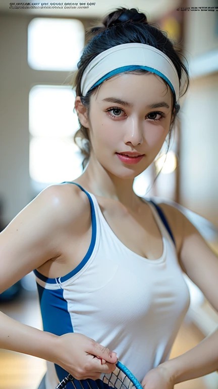 ((8k、sharp、masterpiece、highest quality、Realistic like a photo、Perfect Face、Small face、Very beautiful face、very cute、Fair skin and cute、Fair skin、Gray Hair、Brown eyes、))、 29-year-old、ponytail、Shiny skin, Moisturized Skin、Fair skin、Japan's top idols、Cool girl、Cute face、Perfect Face、Japanese Idols、Top Idol、29-year-old:1.3、((Flowing gray hair:1.4、Beautiful Blue Eyes:1.3、double eyelid、Beautiful breasts、Thin legs、Beautiful shaped buttocks、Perfect style girl、Abdominal muscles、Gray Hair、Very well-groomed face、Cute face、))、Beautiful breasts、Professional Lighting、Portrait Shot、Smiling at the audience、blush、(White workout wear:1.3、)、((One girl in training))、Cleavage、((She is on all fours, sticking her ass out to the viewer...'))、'Gym、Cool girl