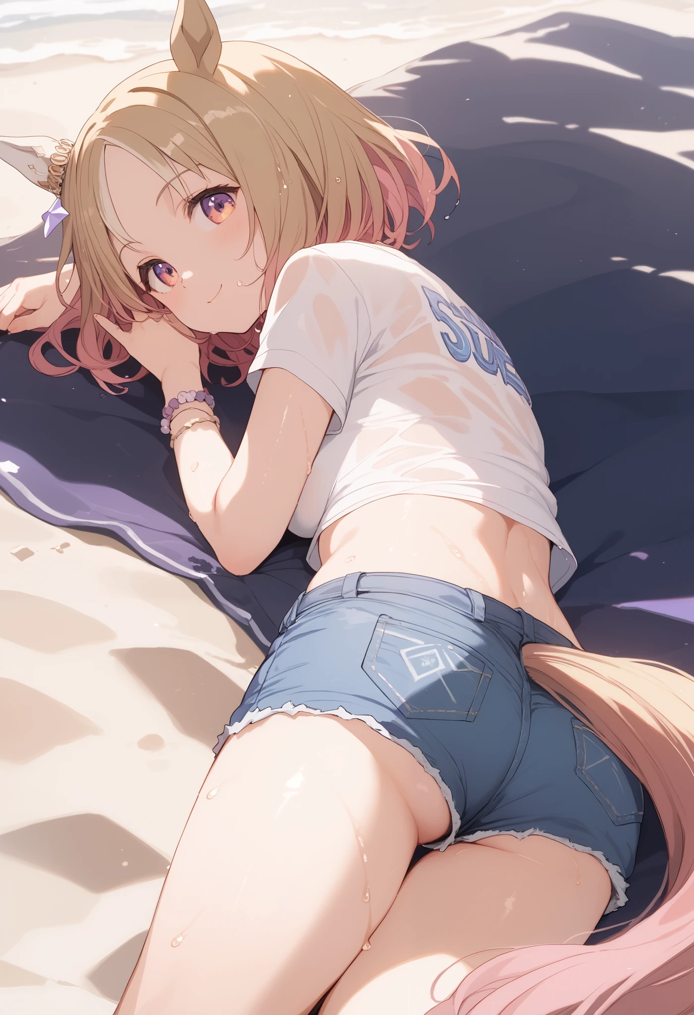 narita, horse tail, short hair, animal ears, ear ornament, ear covers, single ear cover, 1 Girl, solo, anime style,on the ground,BEST QUALITY, super detailed, anime style,8k, high resolution, detailed images,( sandy beach),((The white t-shirt gets wet and you can see through the top of the purple bikini)),(the whole body is wet),((purple micro mini denim shorts)),(( sandy beachに立っている),(is facing here),( smiles and smiles),Dyed slightly red on the cheeks,(Near the sea),(Sunshine pours down),((smooth thighs)),(Up image of the upper body above the thigh),Picture from the thigh,character up image,Diagonal side view,(Upgraded image of the character from an oblique side),((An upshot of a character above the thigh)), thigh up image ,Highest quality,best quality