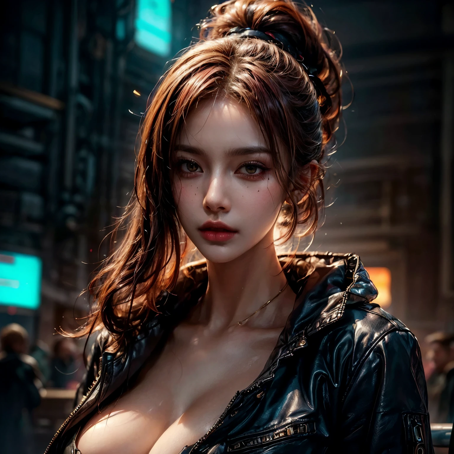 original photo, (best quality:1.3), high resolution, (masterpiece), (lifelike:1.4), Professional photography, Be focused, High Dynamic Range, 8k resolution, Intricate details, Fine details, Depth of Field, Extremely detailed CG unified 8k wallpaper, masterpiece,poster,best quality,Official Art,(Beauty and aesthetics:1.2),(masterpiece:1.3),woman,Single breast,Complex Mode,winter,Cyberpunk style city,semi-body photography,