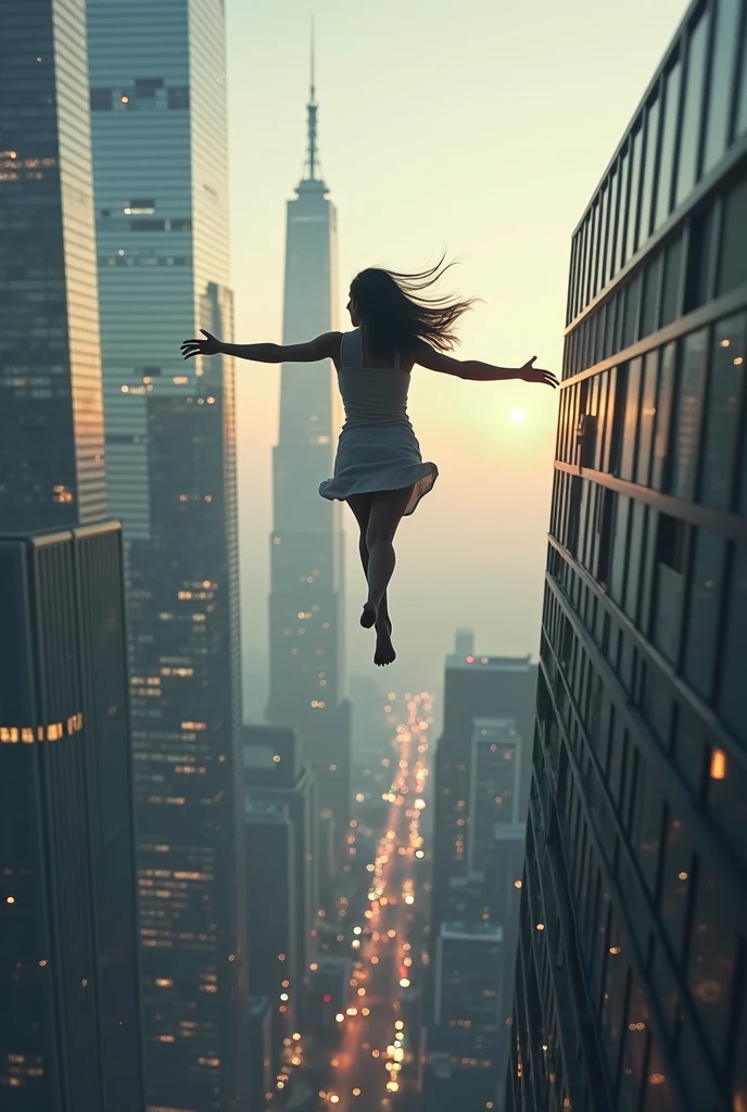 Giant Brazilian woman in free fall from a transparent space building, warm colors, luminescent leds,