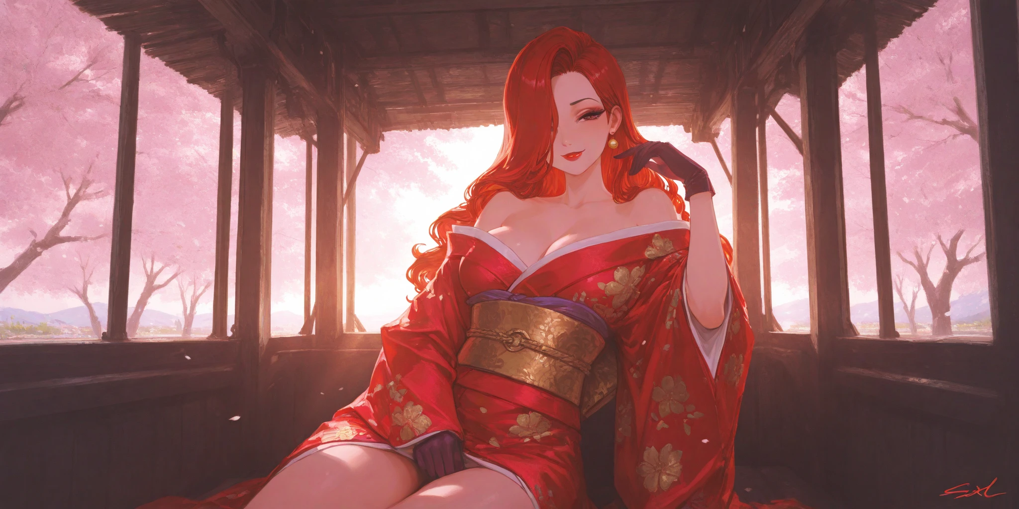 Young (princess), striking figure, long flowing ginger hair, wavy hairs, fair skin, freckles, (kolito), innocent and (regal appearance), expressive green eyes are filled with a mix of curiosity and determination, her slender frame, elegant grace, vibrant orange kimono with white and black decorations, ((very long sleeves)), cleavage, feather headdress, in a medieval bar