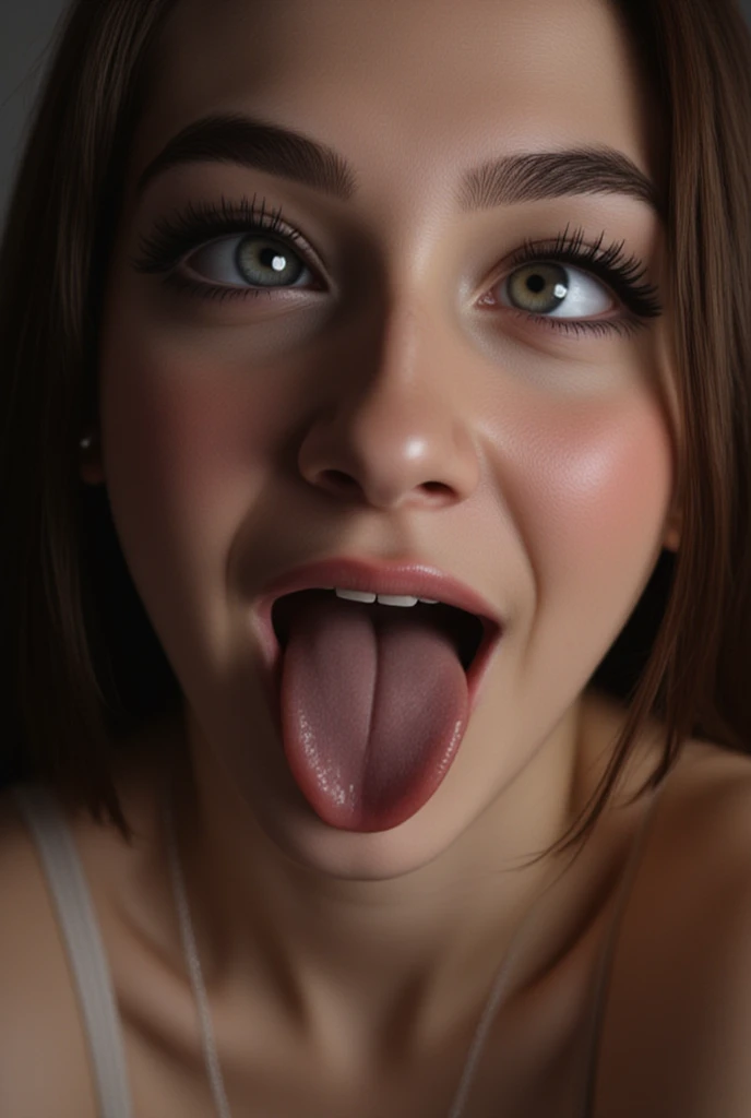 Emery Ratajkowski,Roll your eyes, Sticking out tongue, Long Tongue, Drooling, Ahegao, retina, Textured skin, Anatomically correct, Attention to detail, high quality, ((Dark Eyes,black eye)),Very beautiful face and eyes, Big eyes, 1 female、Actual skin type,I can see my pores,In front of the park forest,