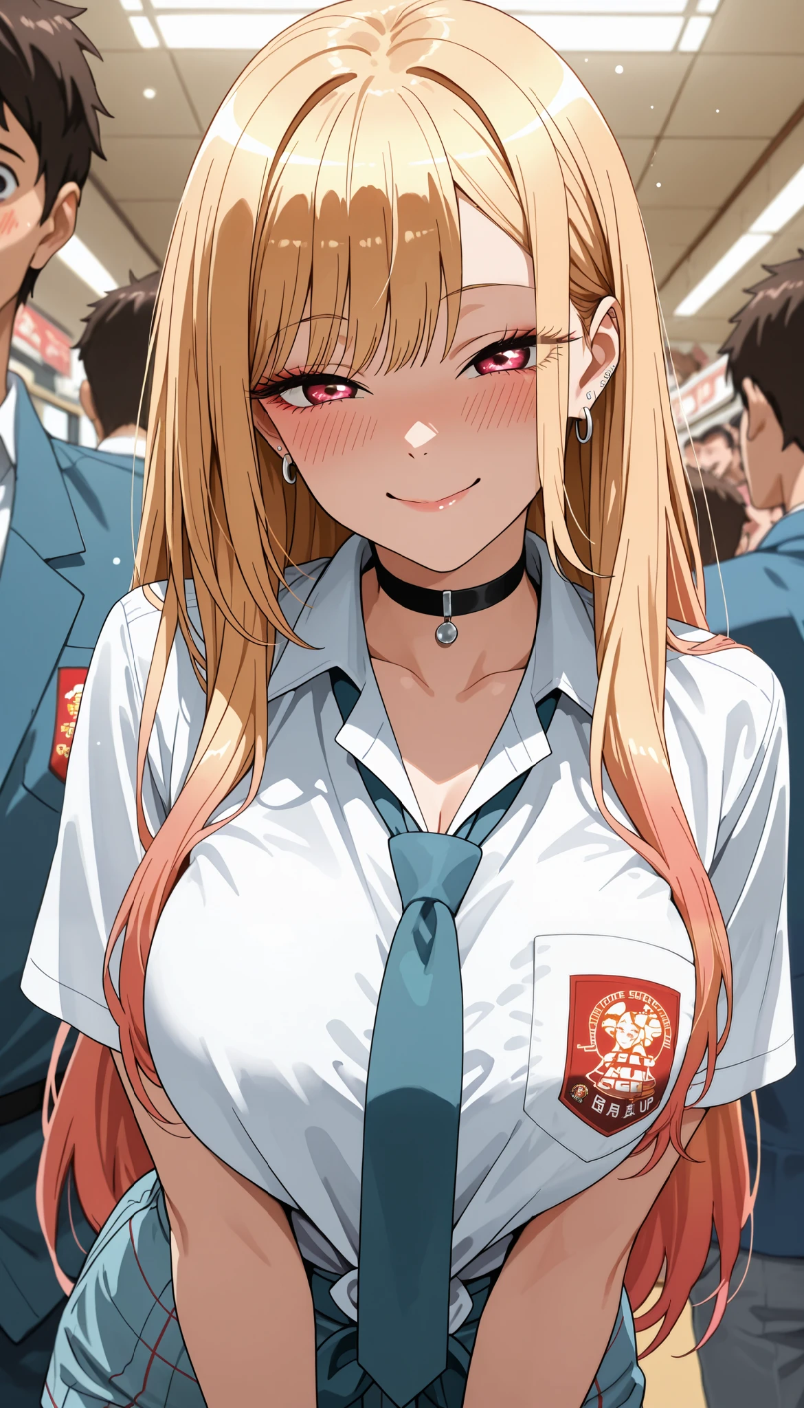 score_9, score_8_up, score_7_up, score_6_up, score_5_up, score_4_up, source_anime, Marin Kitagawa,tag1, tag2, best quality, high quality, 8k, very high resolution, perfect lighting, clear face, long hair, blonde hair, bangs, Indonesian high school uniform, big breasts, looking at the audience, seductive smile, shy, drunk eyes BREAK low angle view, POV, leaning on people