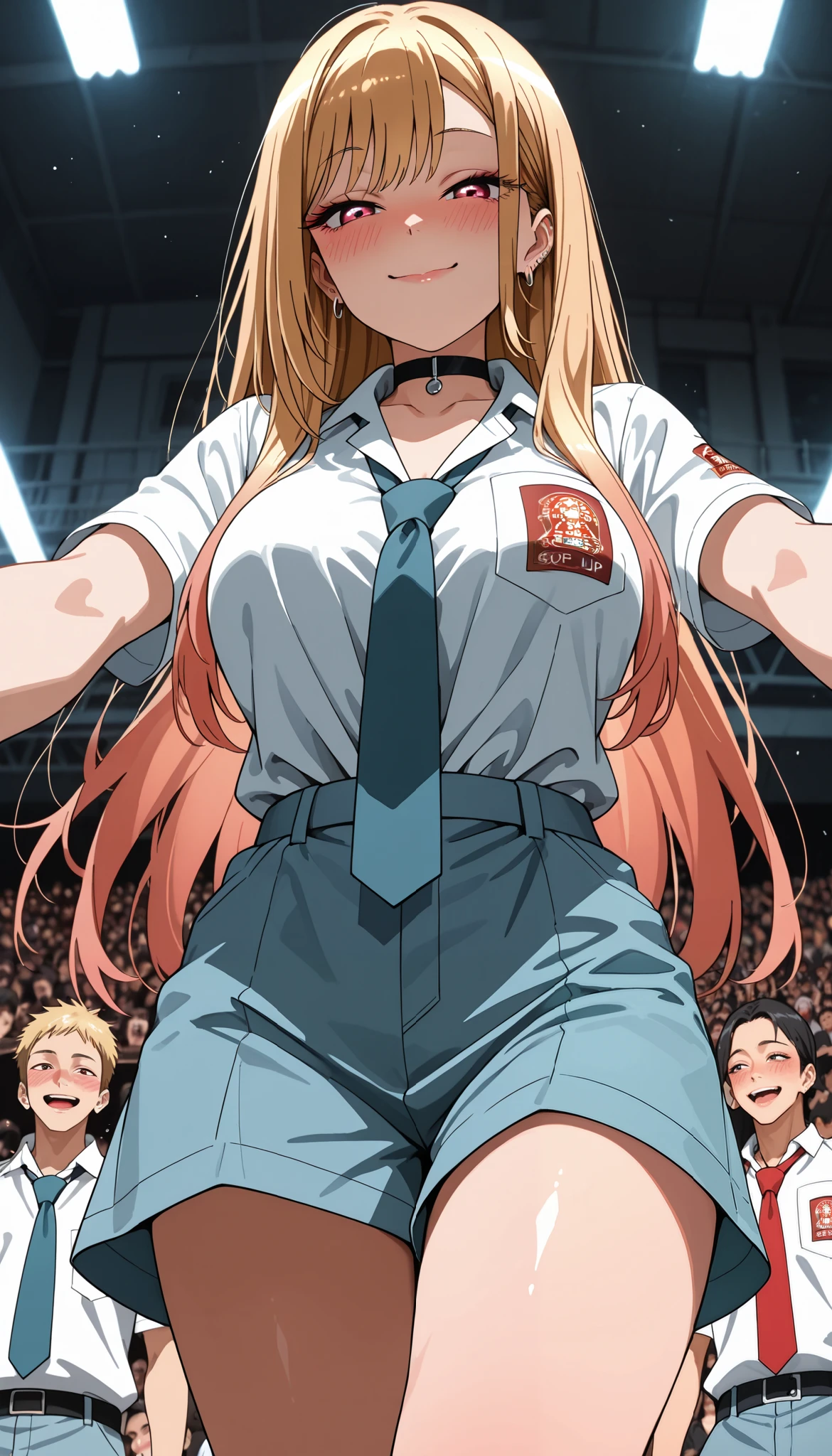 score_9, score_8_up, score_7_up, score_6_up, score_5_up, score_4_up, source_anime, Marin Kitagawa,tag1, tag2, best quality, high quality, 8k, very high resolution, perfect lighting, clear face, long hair, blonde hair, bangs, Indonesian high school uniform, big breasts, looking at the audience, seductive smile, shy, drunk eyes BREAK low angle view, POV, leaning on people