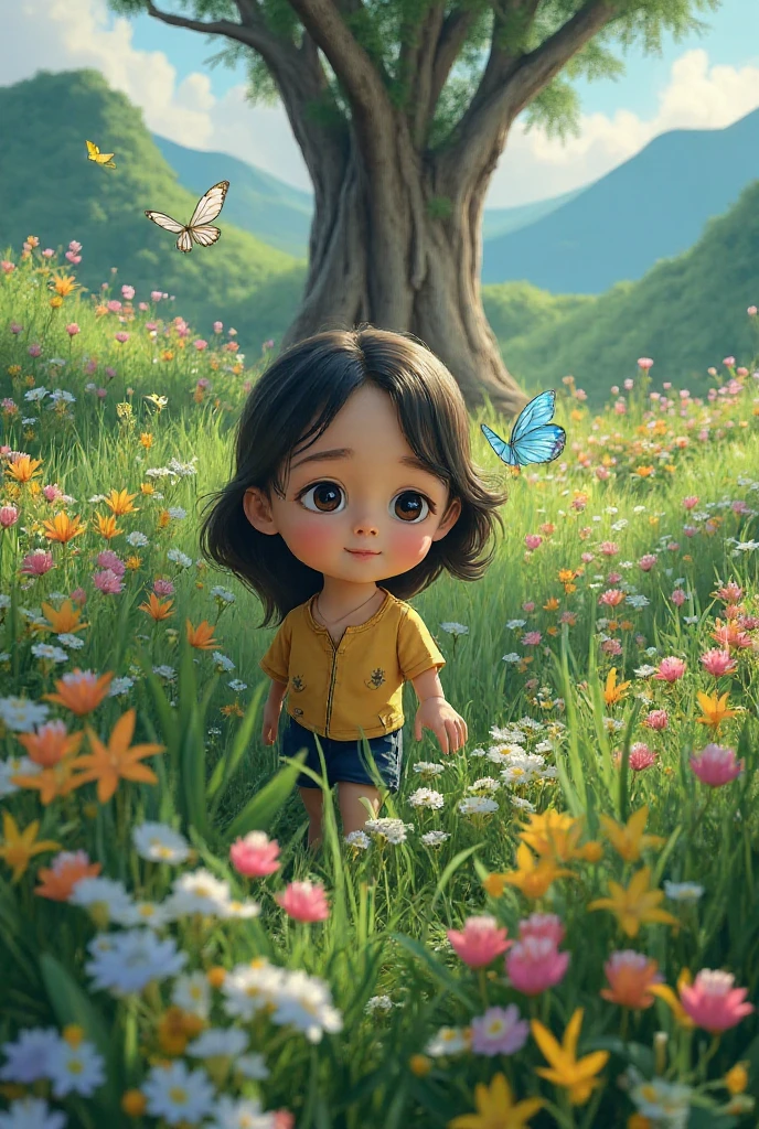 At the bottom of the screen, There is a very cutelittle 2 year old boy, Toy airplane in hand, in the sunny garden, surrounded by many colorful butterflies and manyflowers, watercolor texture style, popmart blind box.clay material, bright background, award - winning, LED3d art, Pixar trend, surreal, octane rendering, complexdetails, animation lighting, depth of fieldray tracing, illustration, c4d