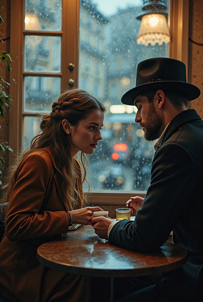 cinematic film still {Film shot of an intimate conversation between two characters in a dimly lit Parisian café, emotions conveyed through subtle facial expressions and body language, a glass of red wine in the foreground, realistic depth of field, shot with a Nikon D3, Focal length 50mm} . shallow depth of field, vignette, highly detailed, high budget, bokeh, cinemascope, moody, epic, gorgeous, film grain, grainy